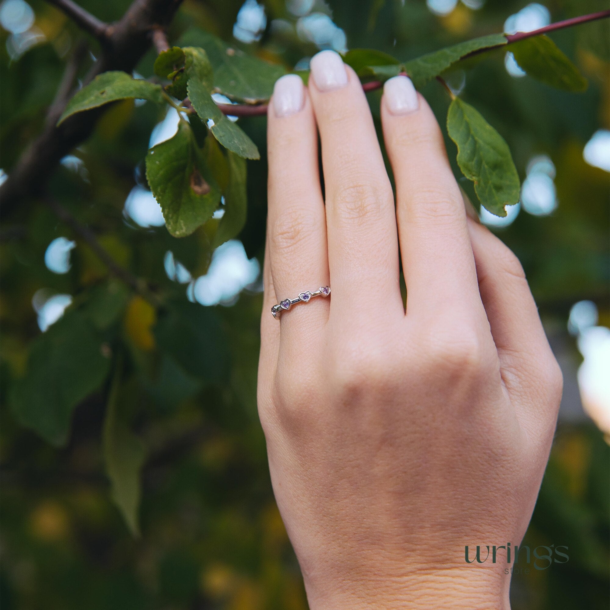 Delicate Amethysts in Multi Hearts Silver Promise Ring