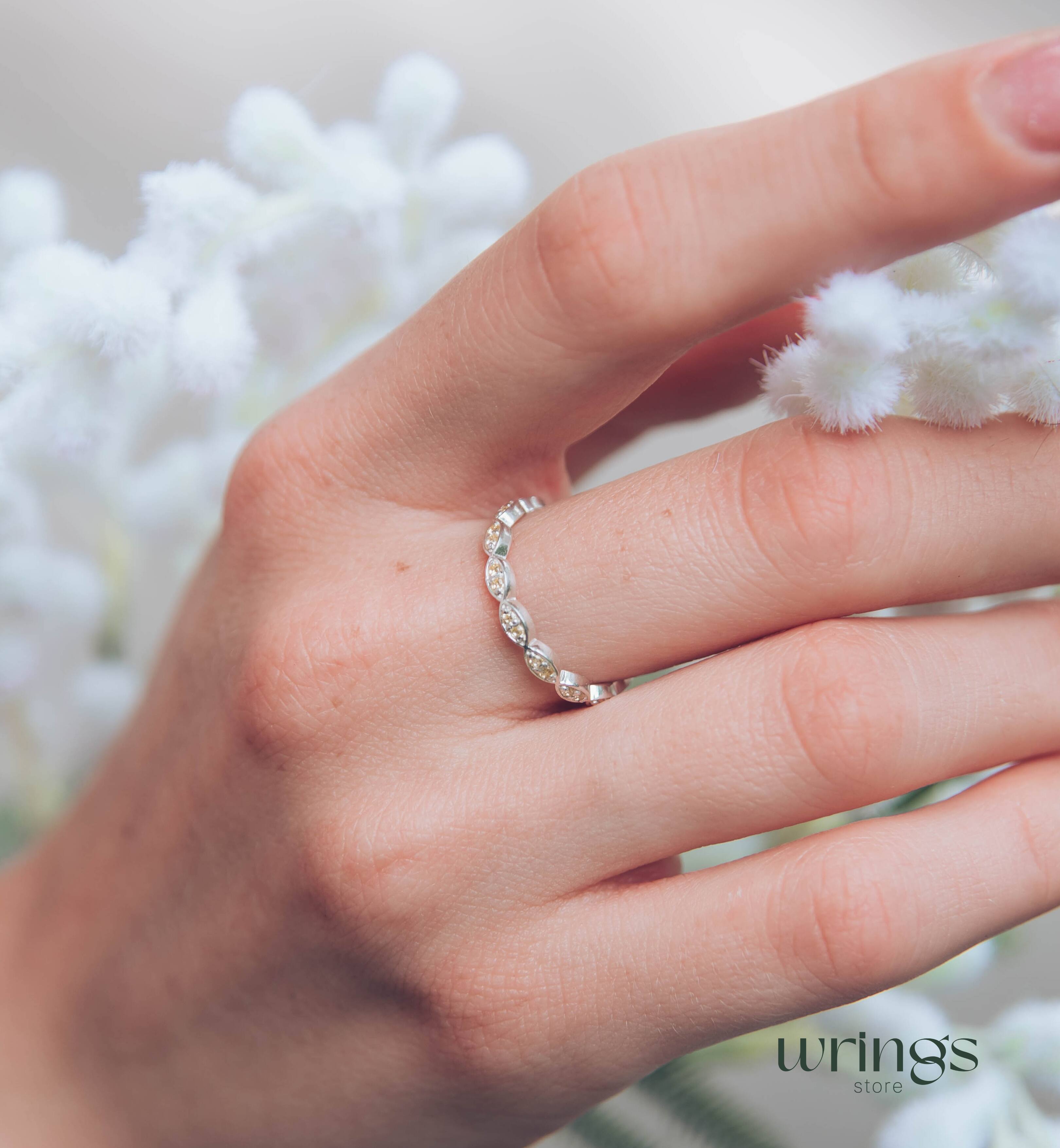 Silver Beaded Band Multiple Yellow Citrine Promise Ring