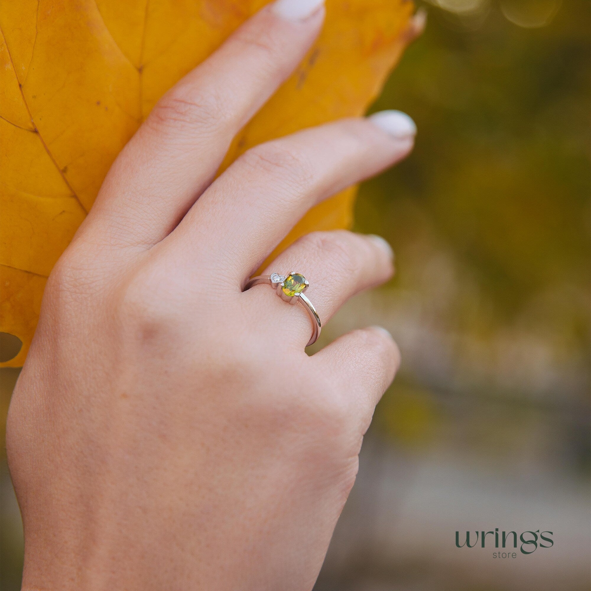 Peridot & CZ Heart Silver Engagement Ring