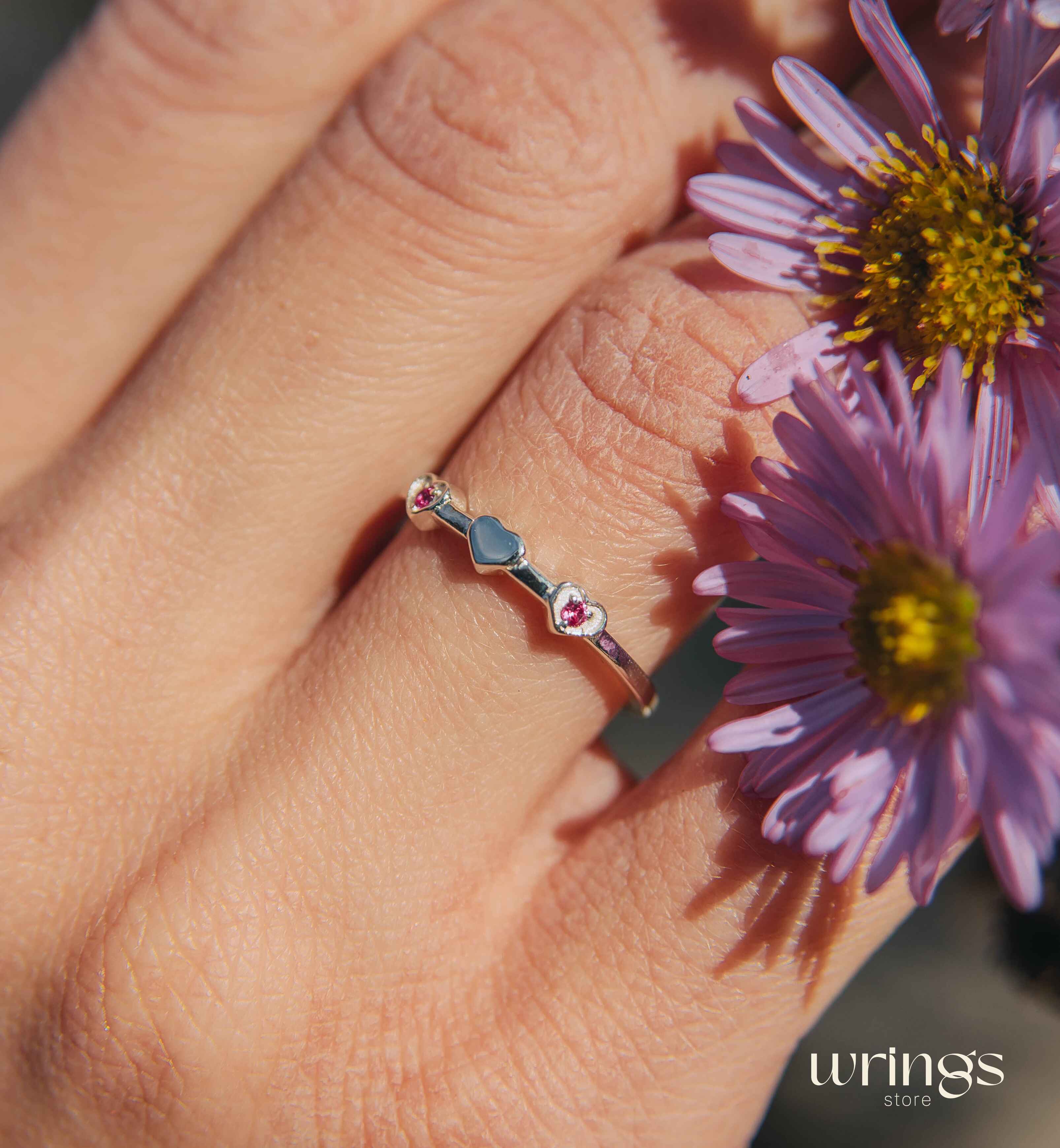 2 Real Rubies and 3 Hearts Unique Silver Promise Ring