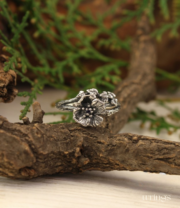 Poppy Flower Ring with Blue Sapphire Sterling Silver