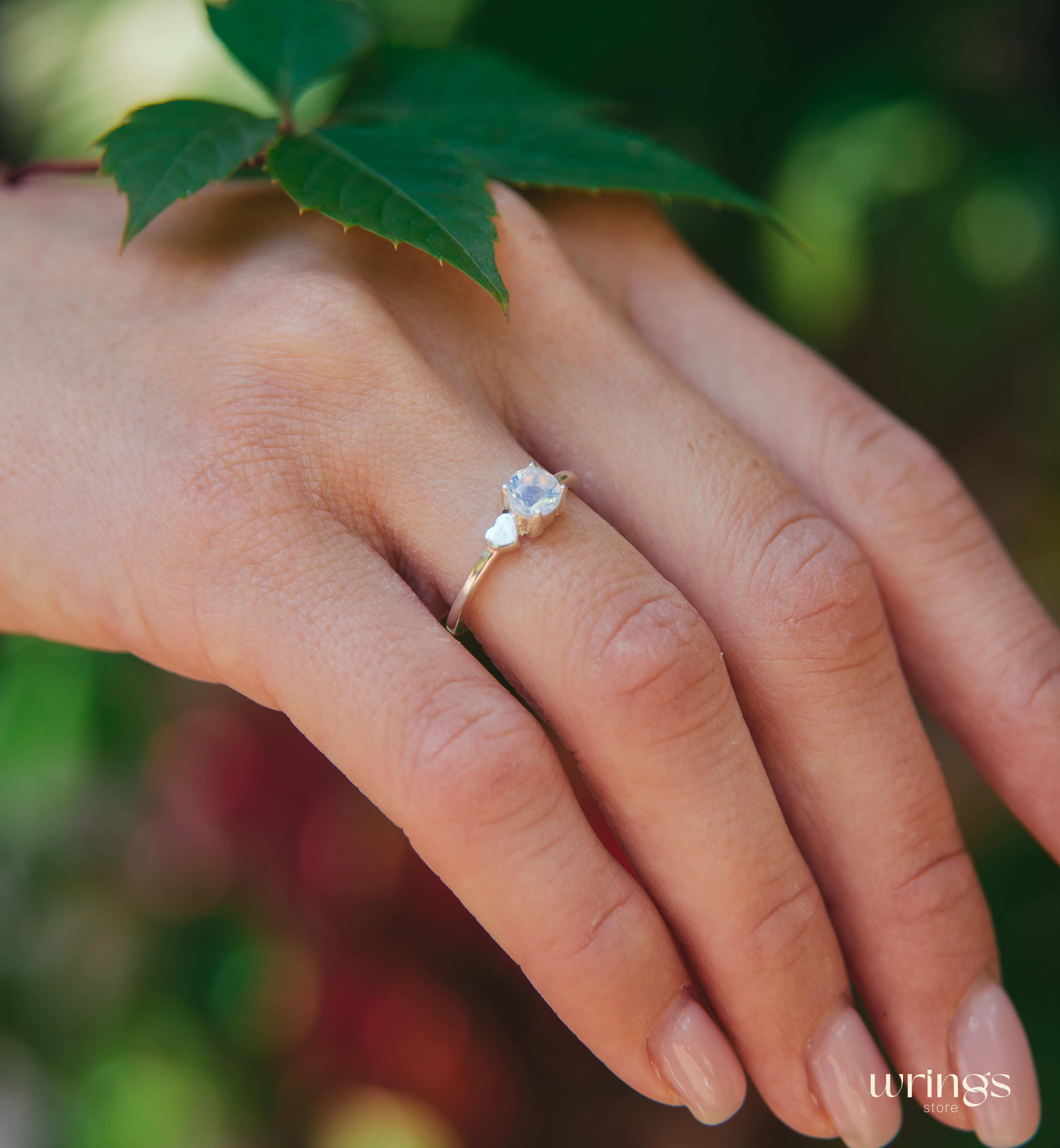 Moonstone June Birth Stone Ring Silver & Side Heart