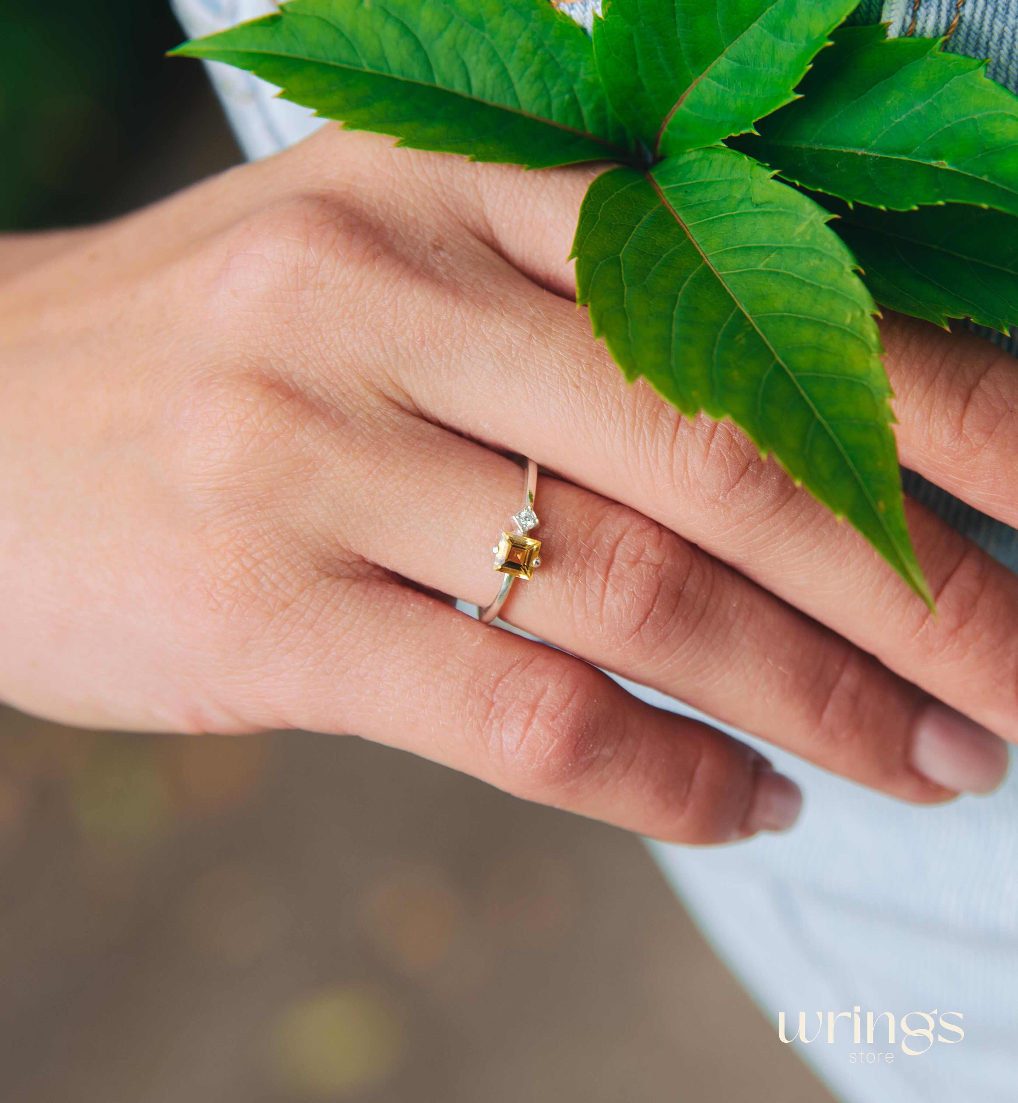 Square Citrine Silver Ring & Side White Stone