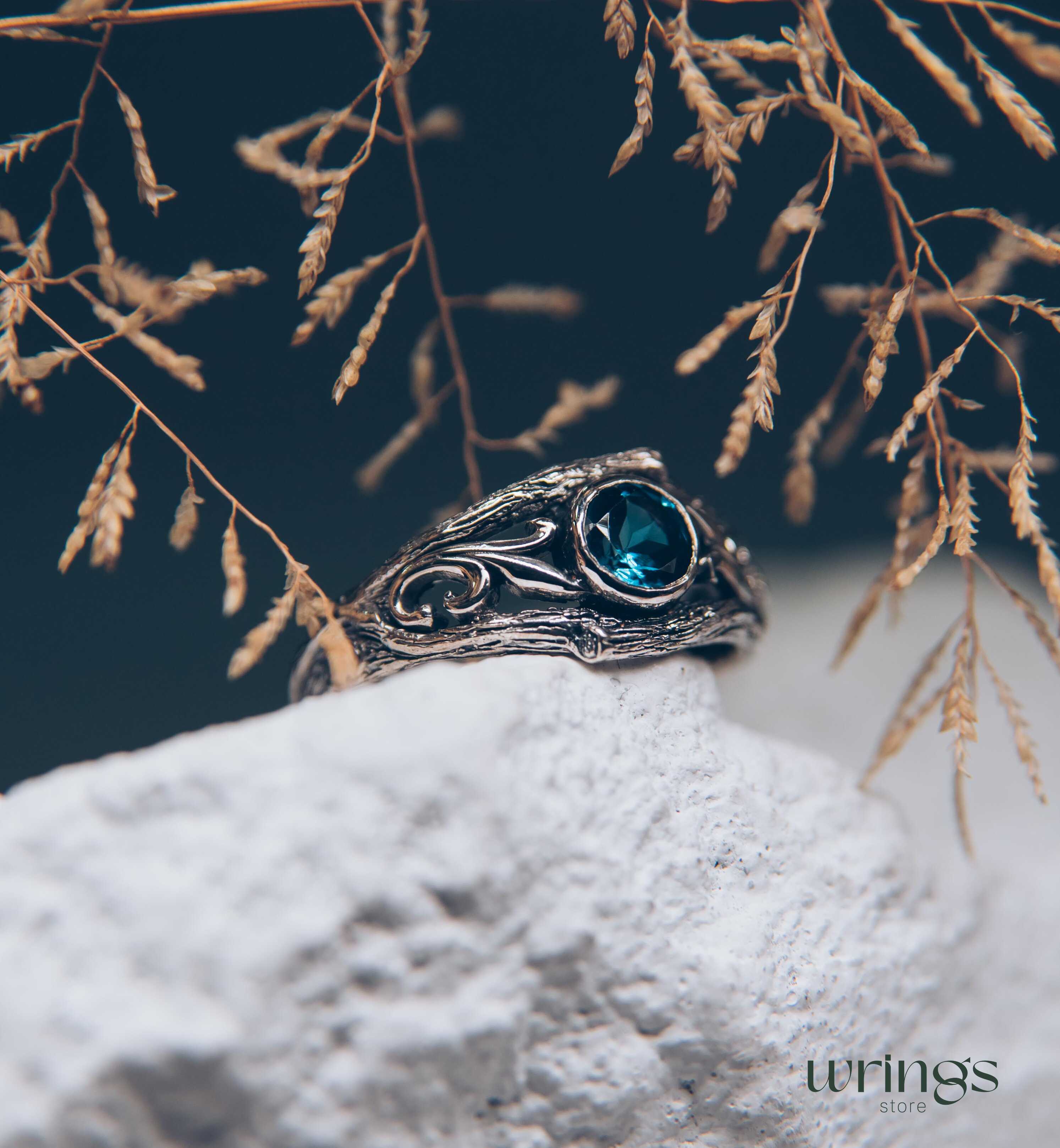 Bezel London blue Topaz with Vine and Branch Engagement Ring