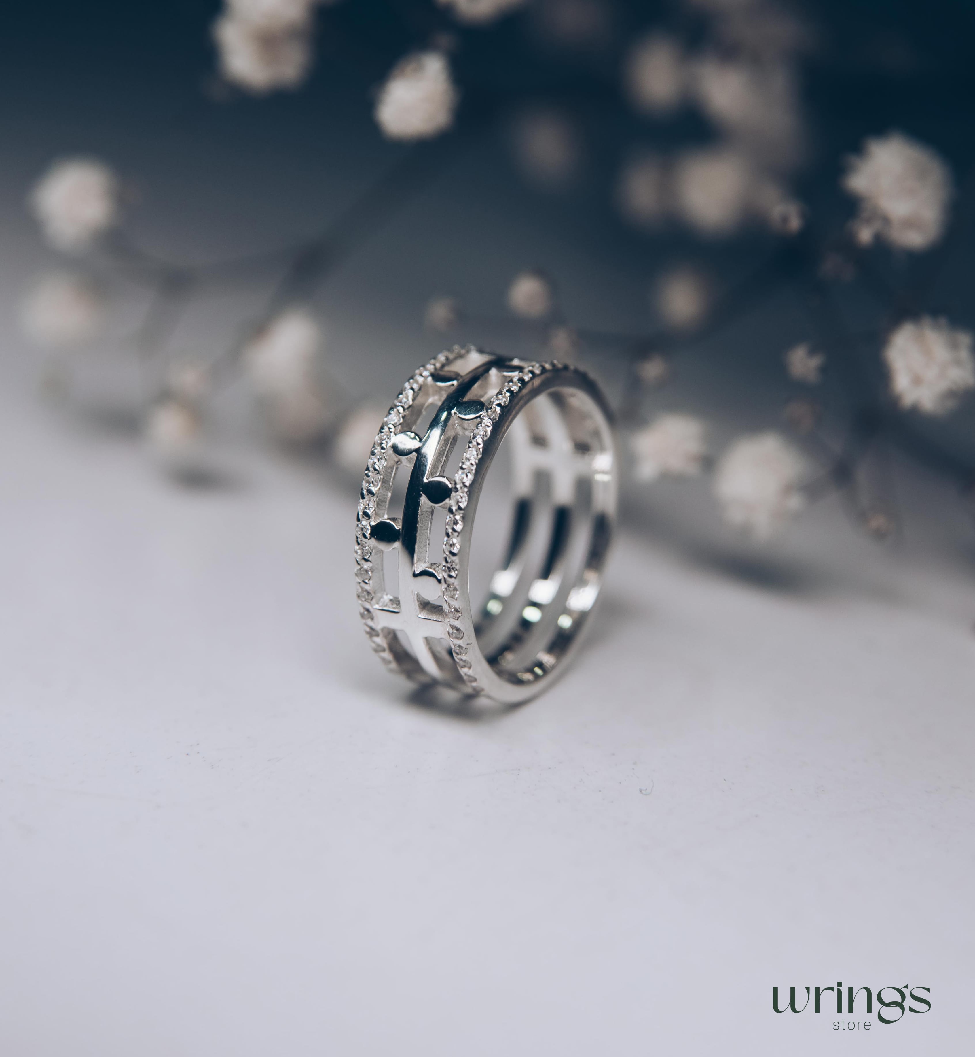 Diamonds and Dots Modern Wedding Band Sterling Silver