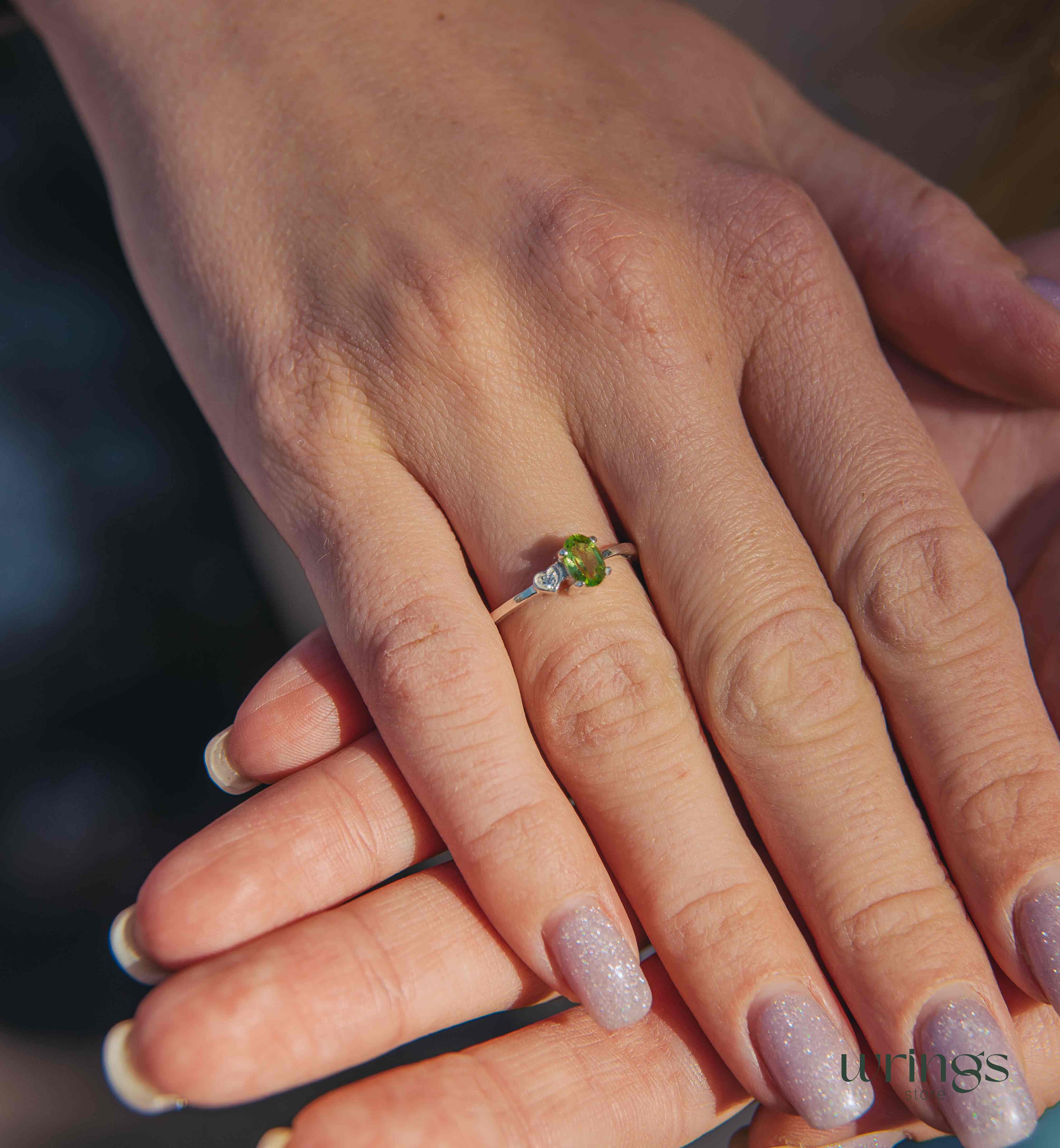 Vertical Oval Peridot Engagement Ring Silver & Heart