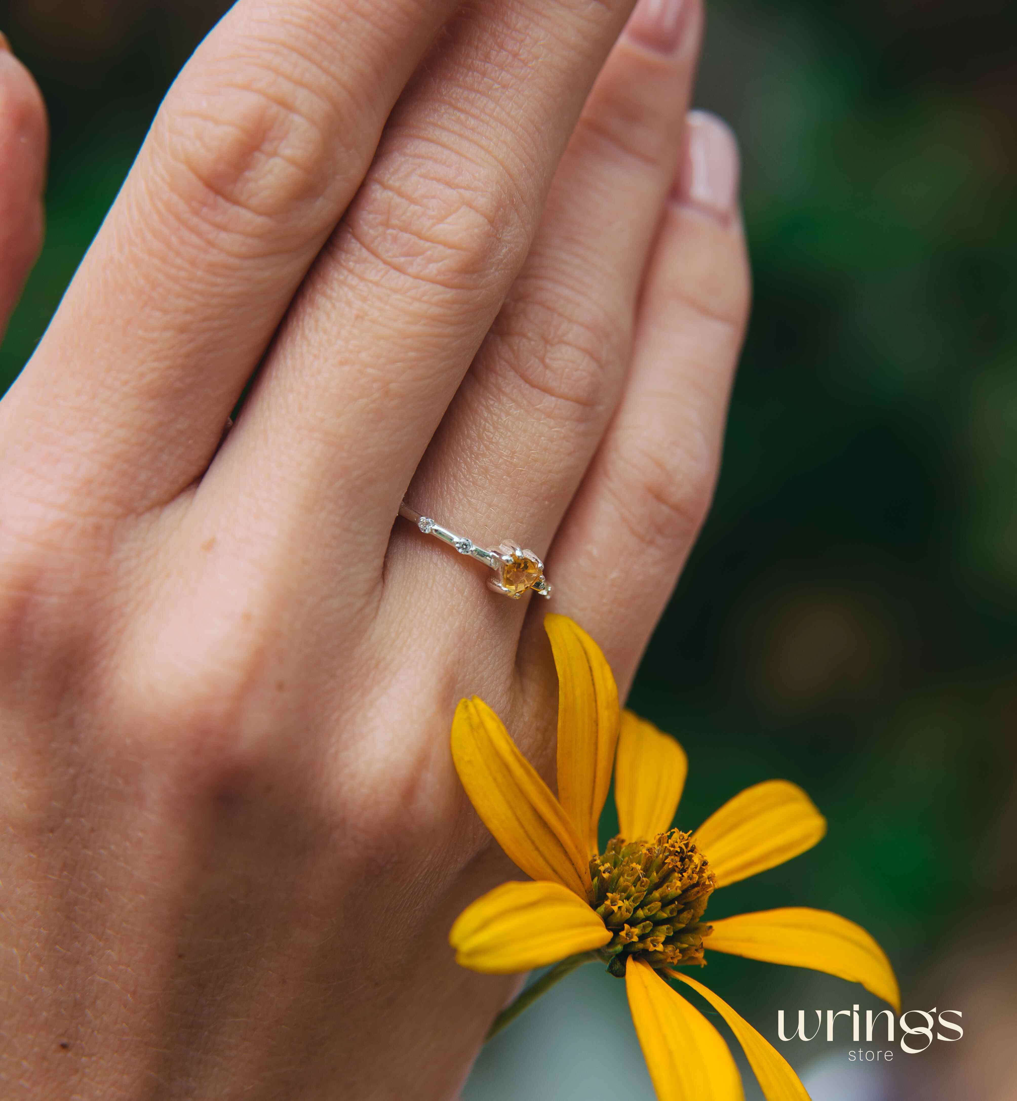 Central Trillion Citrine Side Stone Engagement Ring Silver