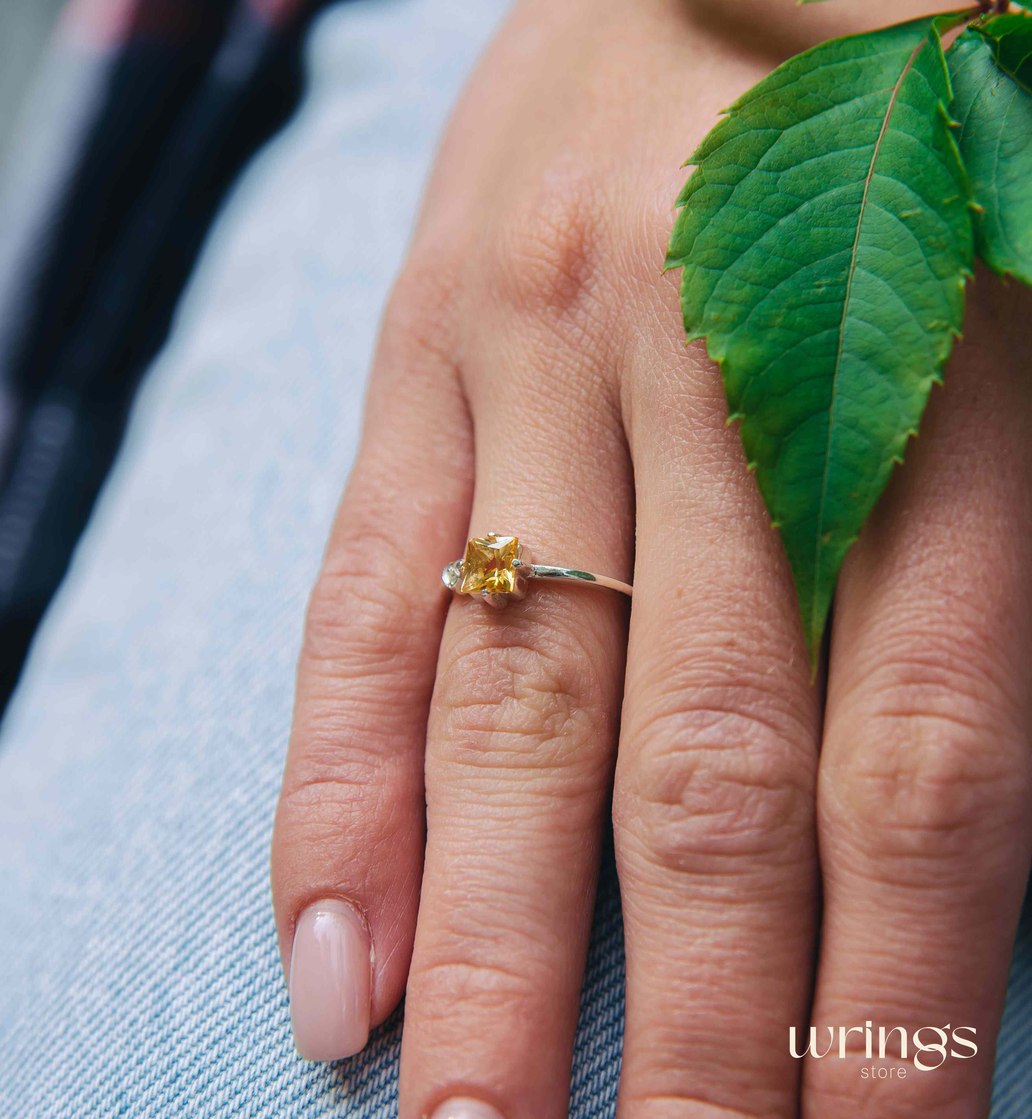 Square Citrine Silver Ring & White Stone in Side Heart