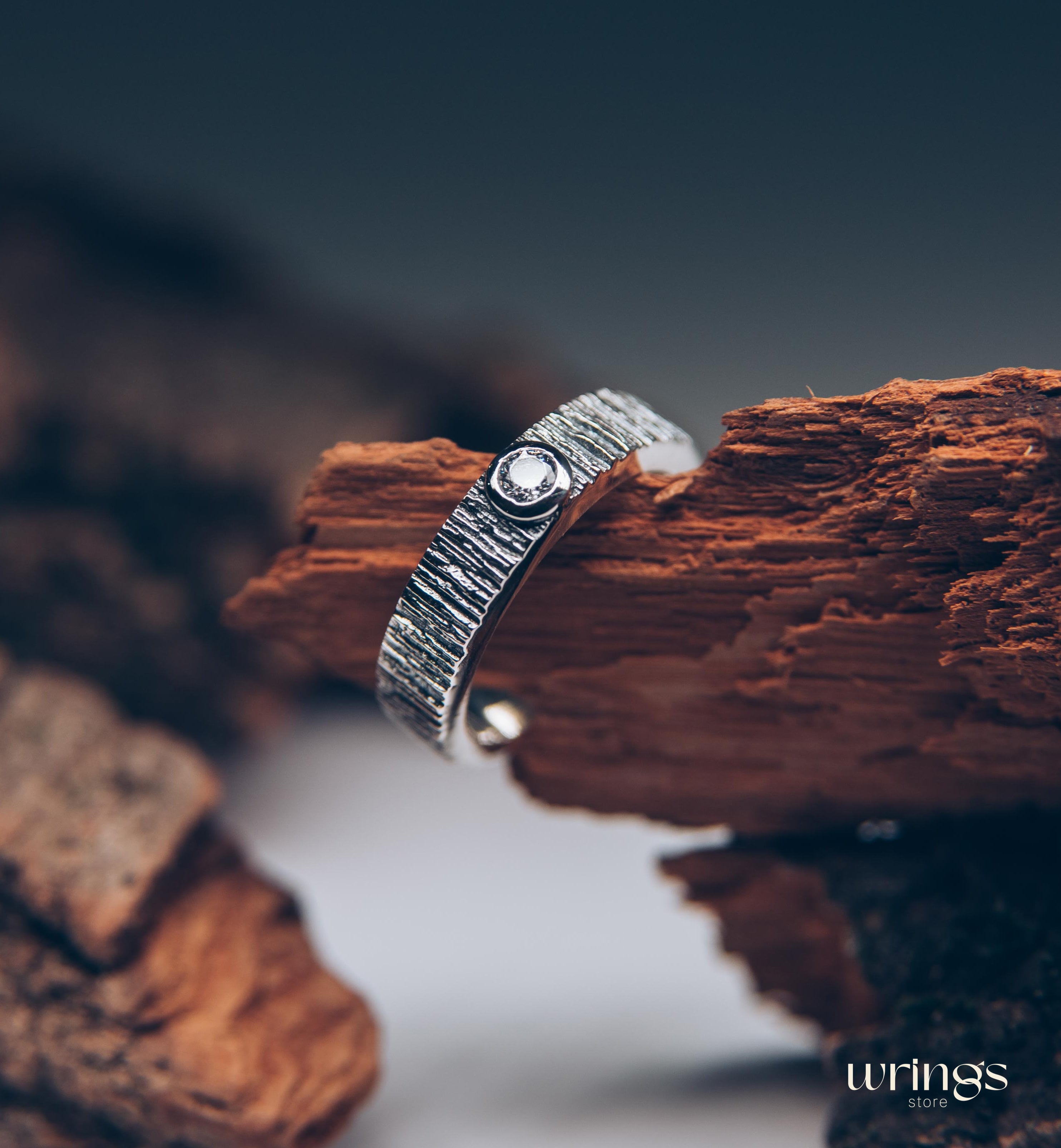 Bezel Diamond and Tree Bark Textured Silver Wedding Ring