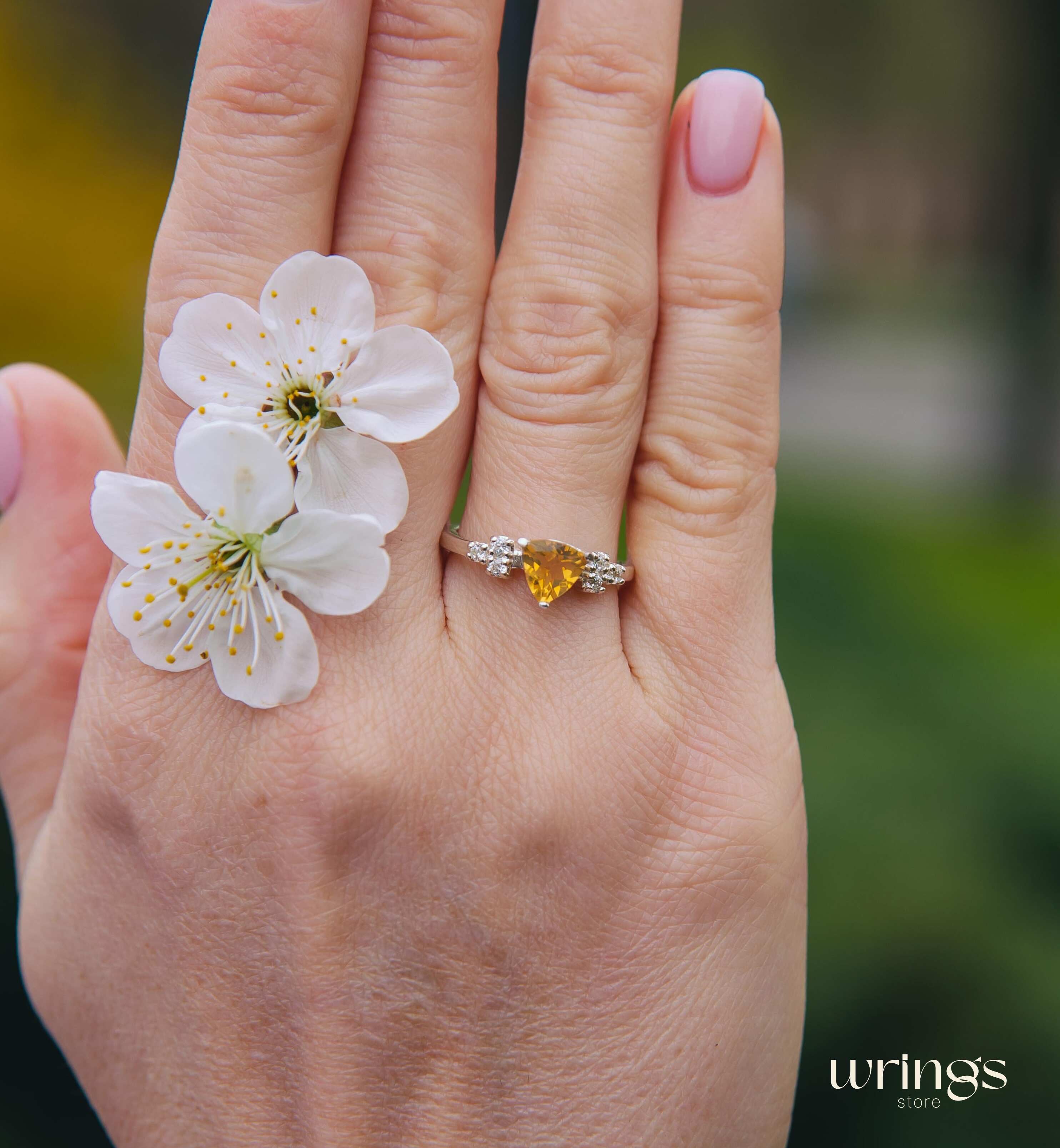 Central Trillion Citrine Cluster Engagement Ring Silver