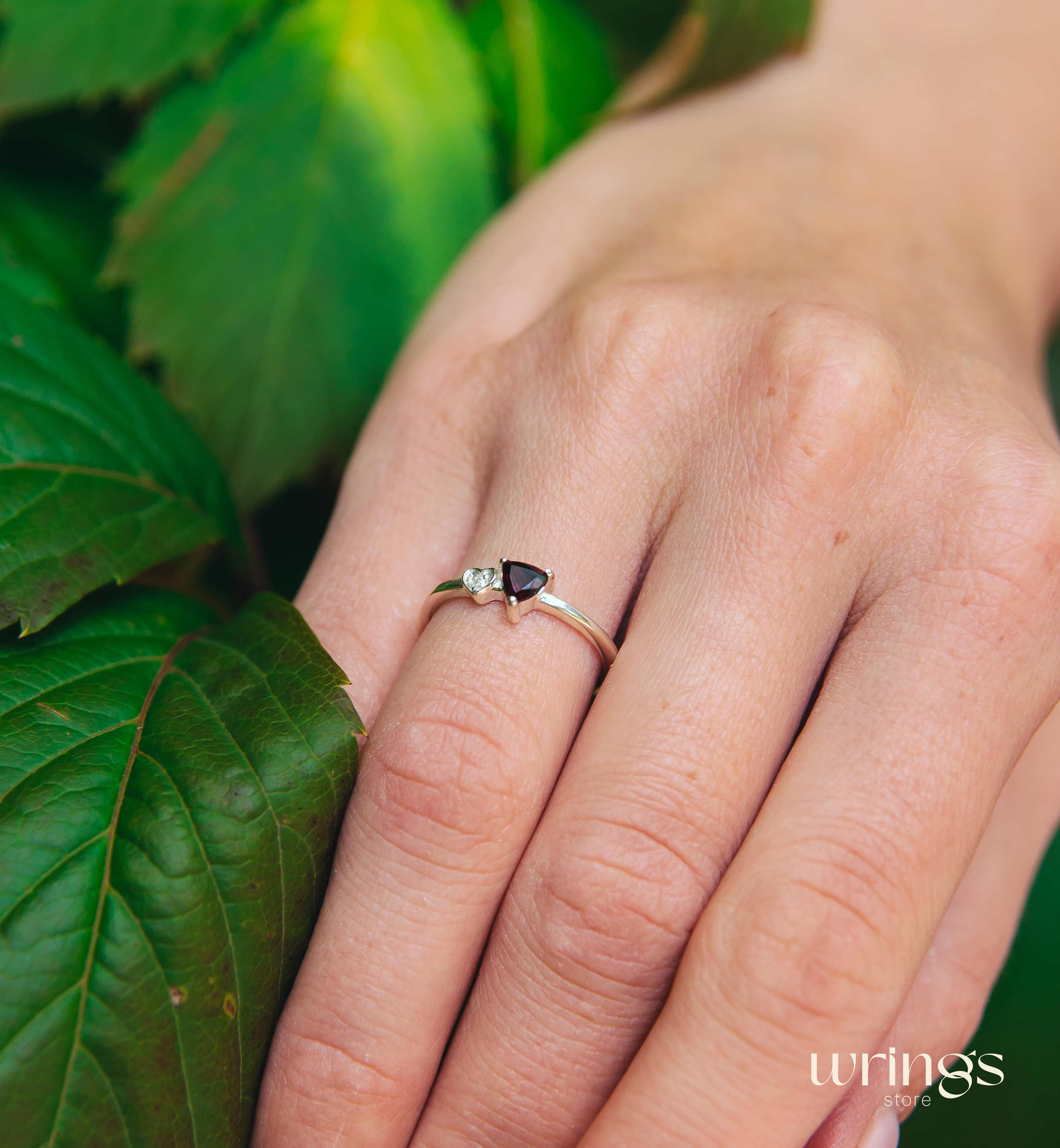 Small Trillion Garnet Ring & CZ Stone in Side Heart