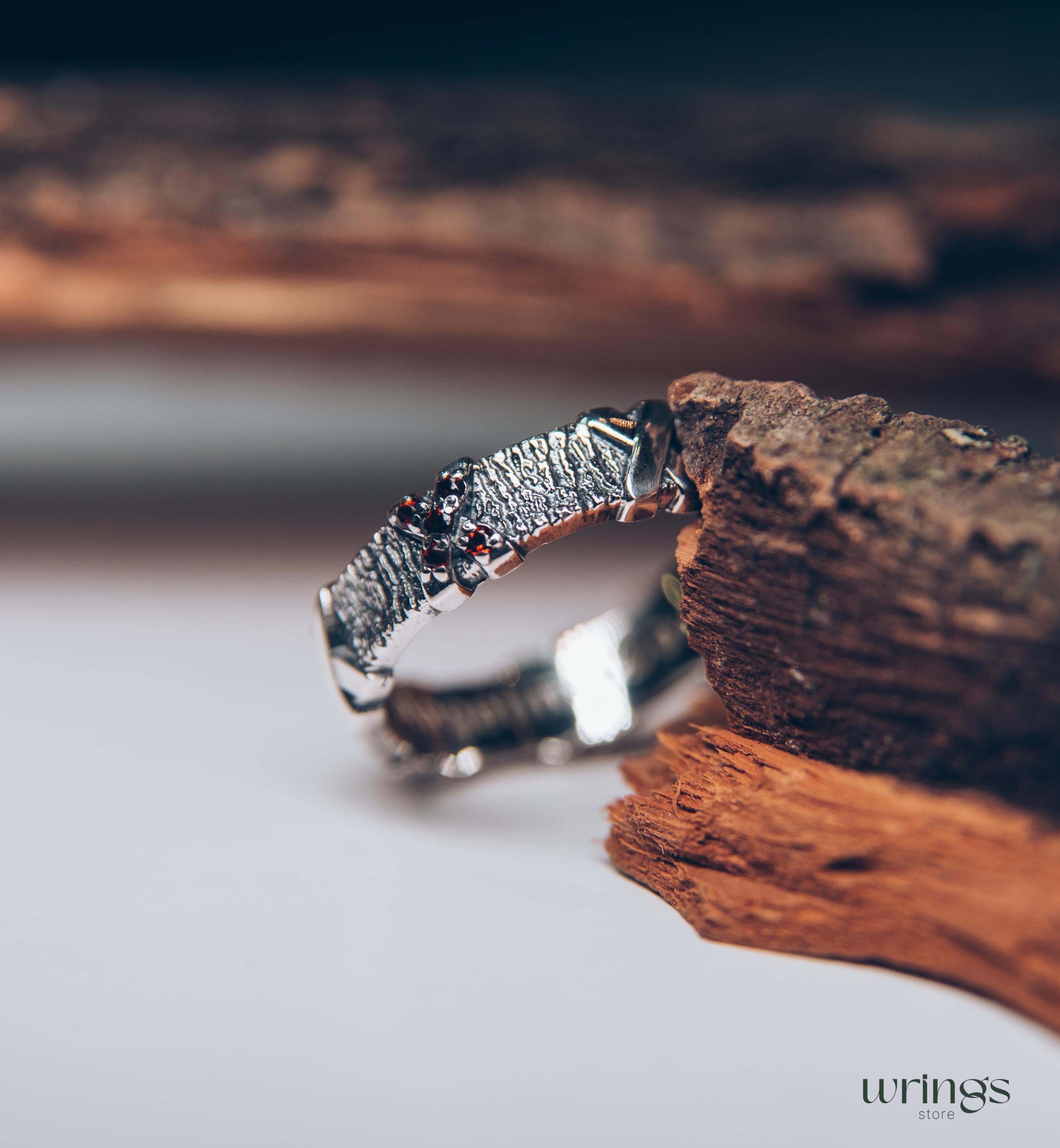 Silver Tree bark with cross Garnets Ring for Men and Women