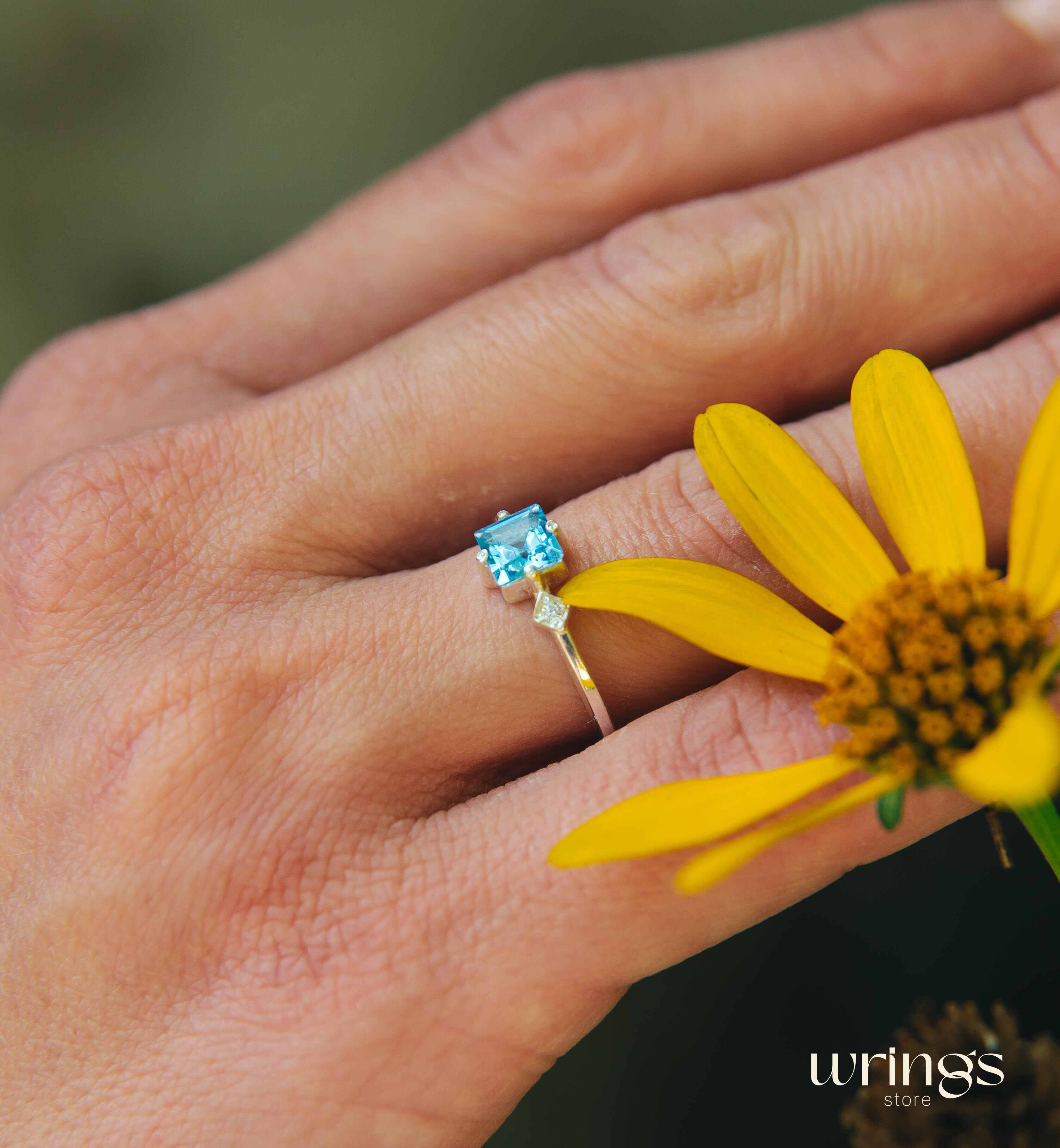 Square Swiss Topaz Ring Silver Side White Stone CZ