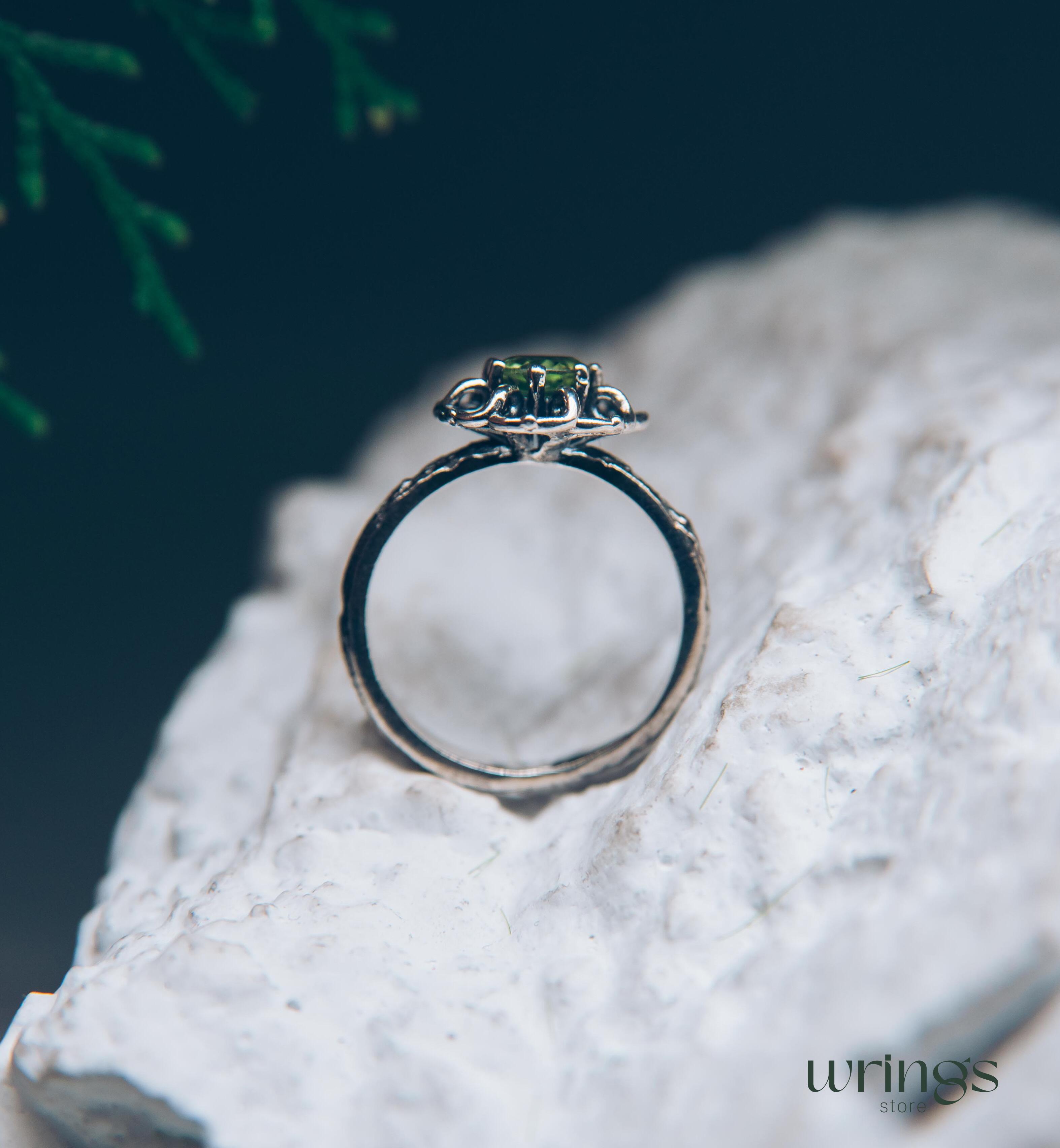 Silver Branch and Peridot Flower Engagement Ring for Women