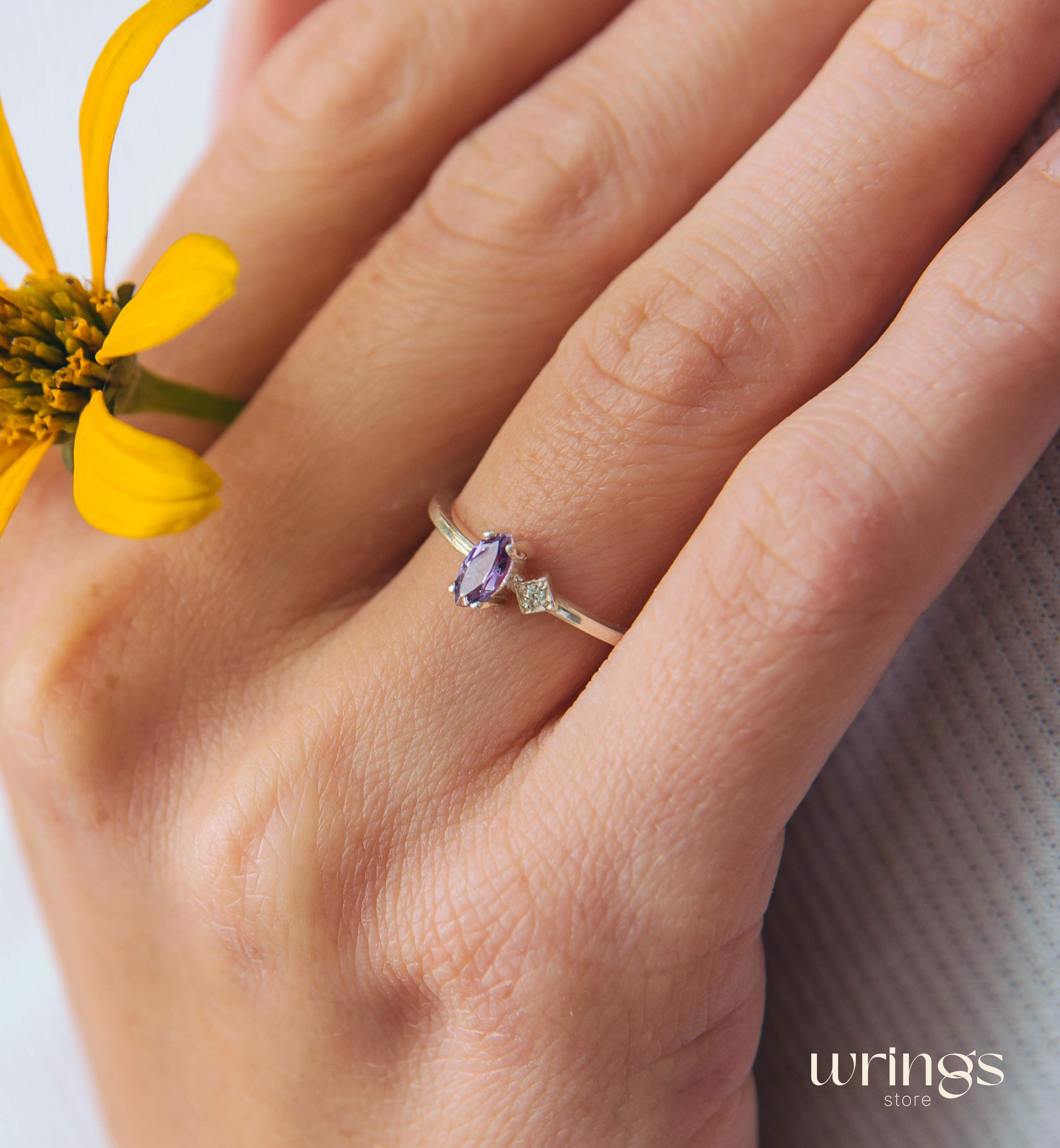 Marquise cut Amethyst Proposal Ring White Side Stone