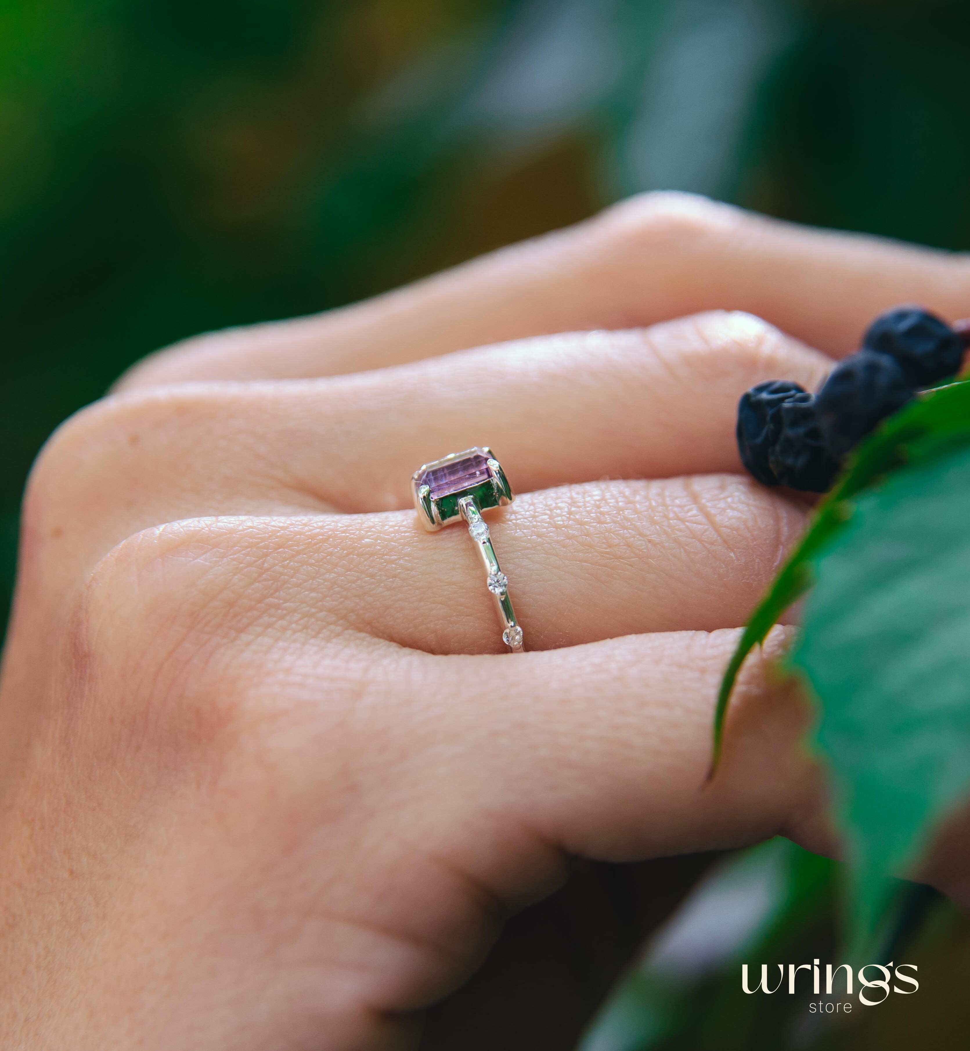 Octagon Central Amethyst & White Side Stones Ring Silver