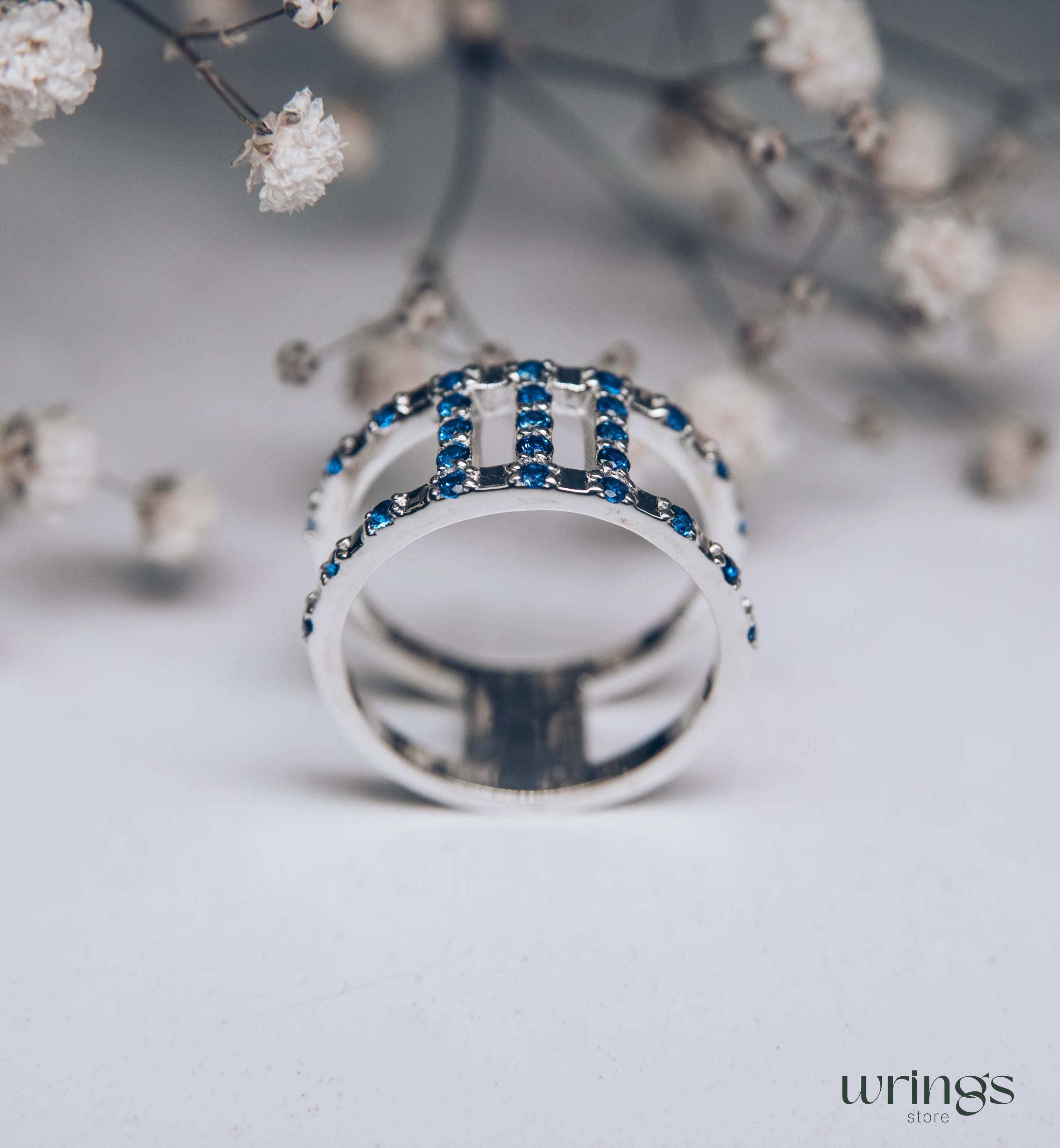 Double Band Wedding Ring Blue Sapphires Multi Stone