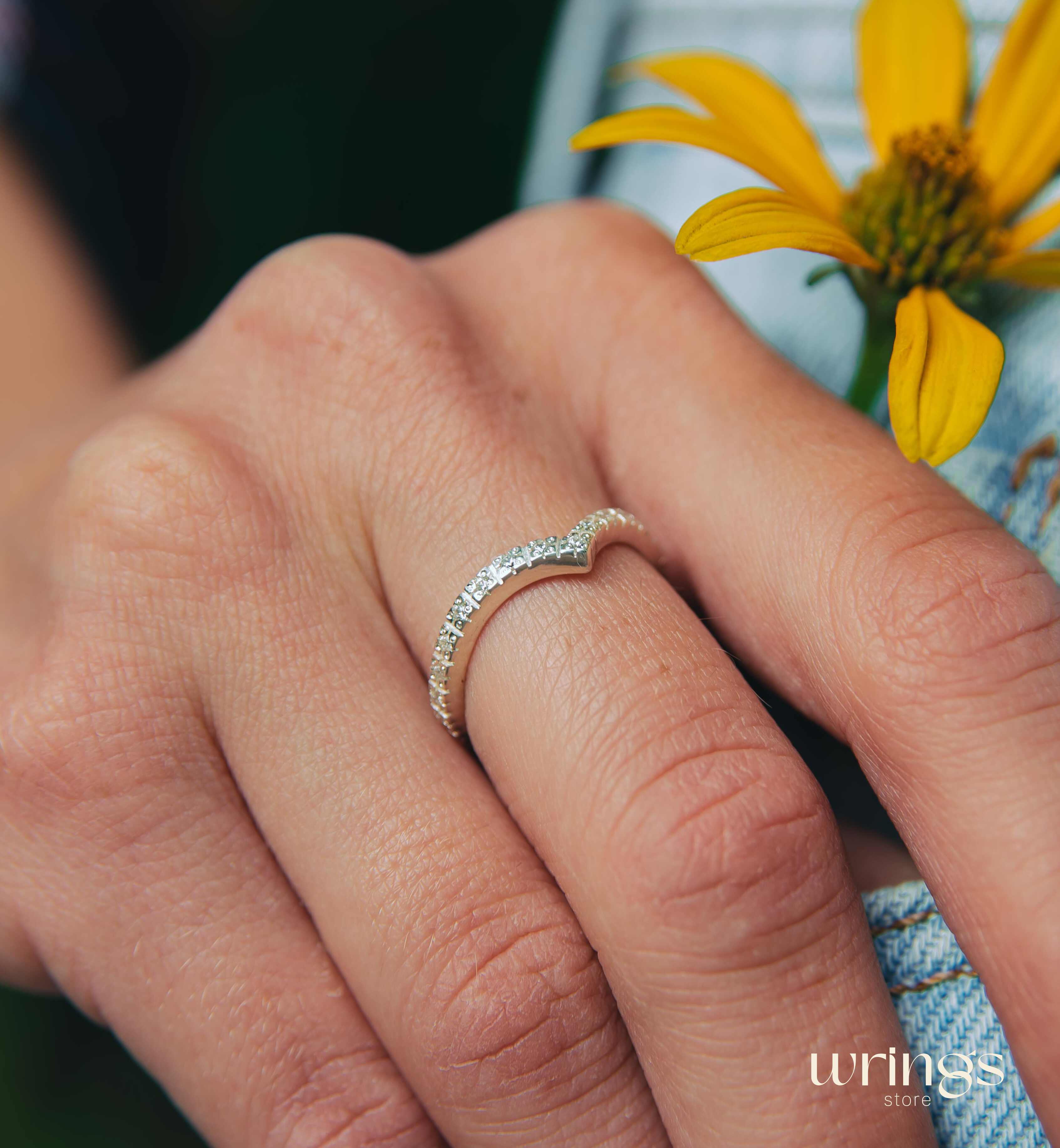 Silver Chevron Wedding Ring Many Custom White Stones