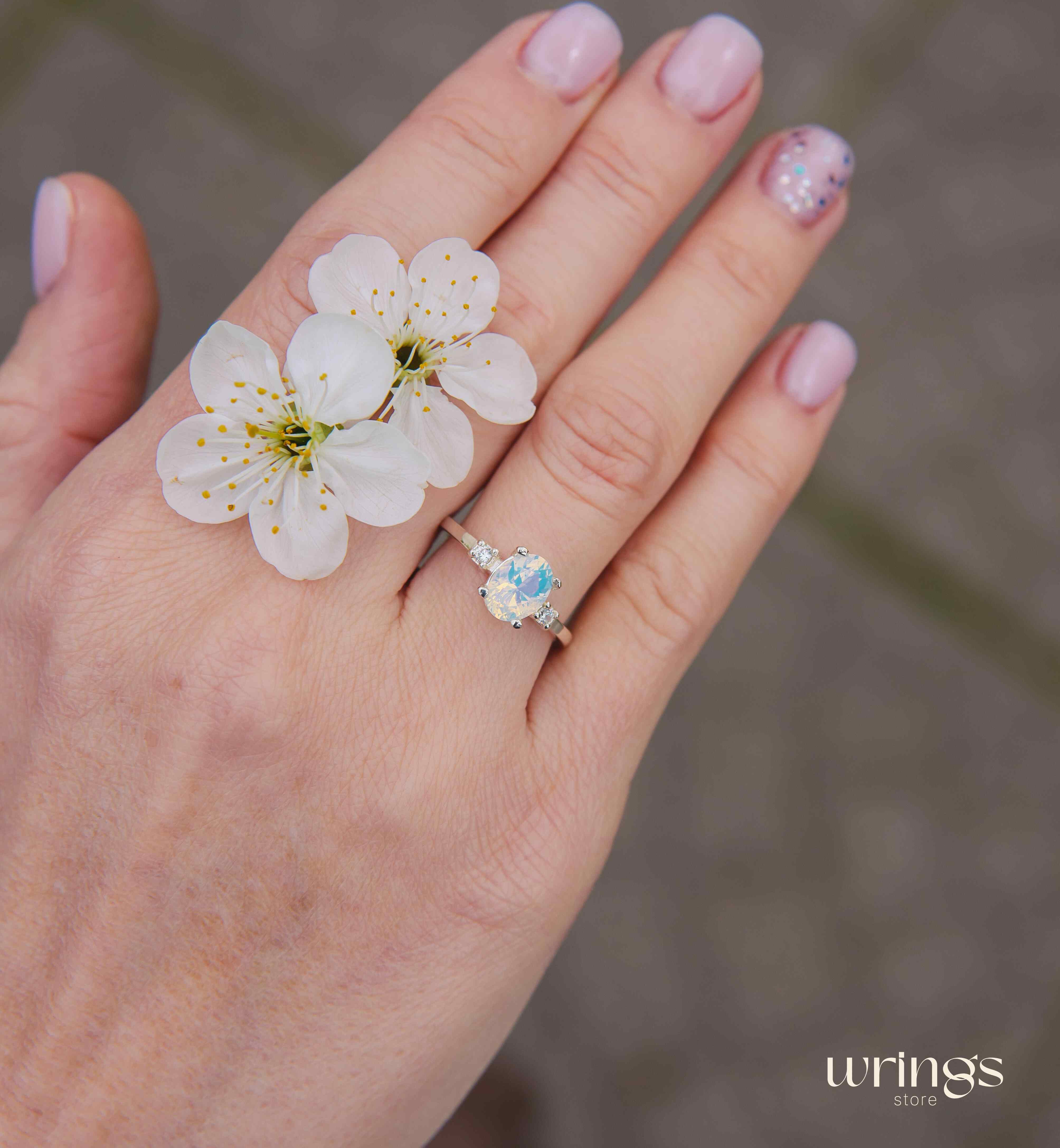 Large Oval Moon Stone & White Side Stones Ring Silver