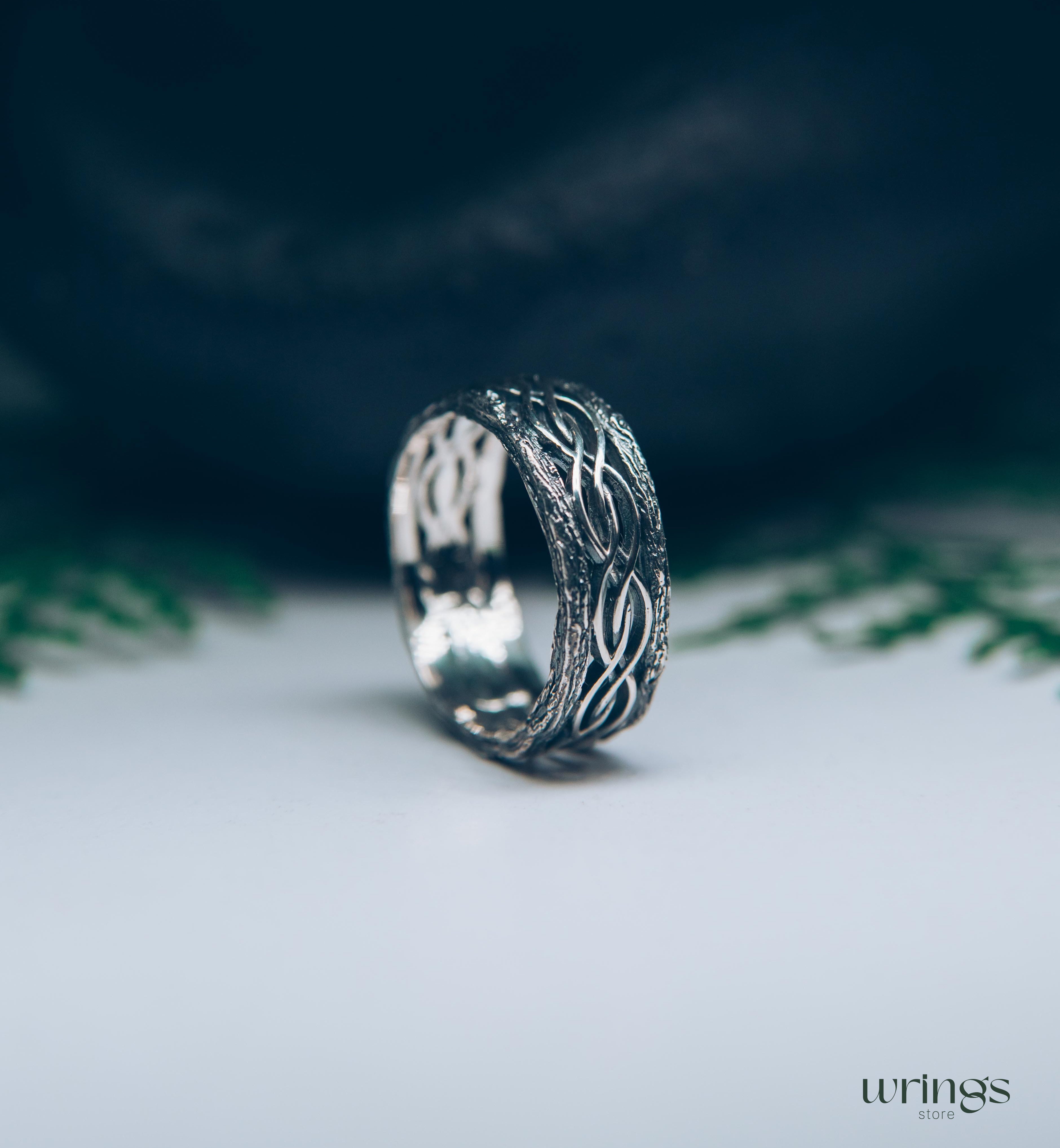 Silver Tree bark and Wavy lines Braided Wedding Band