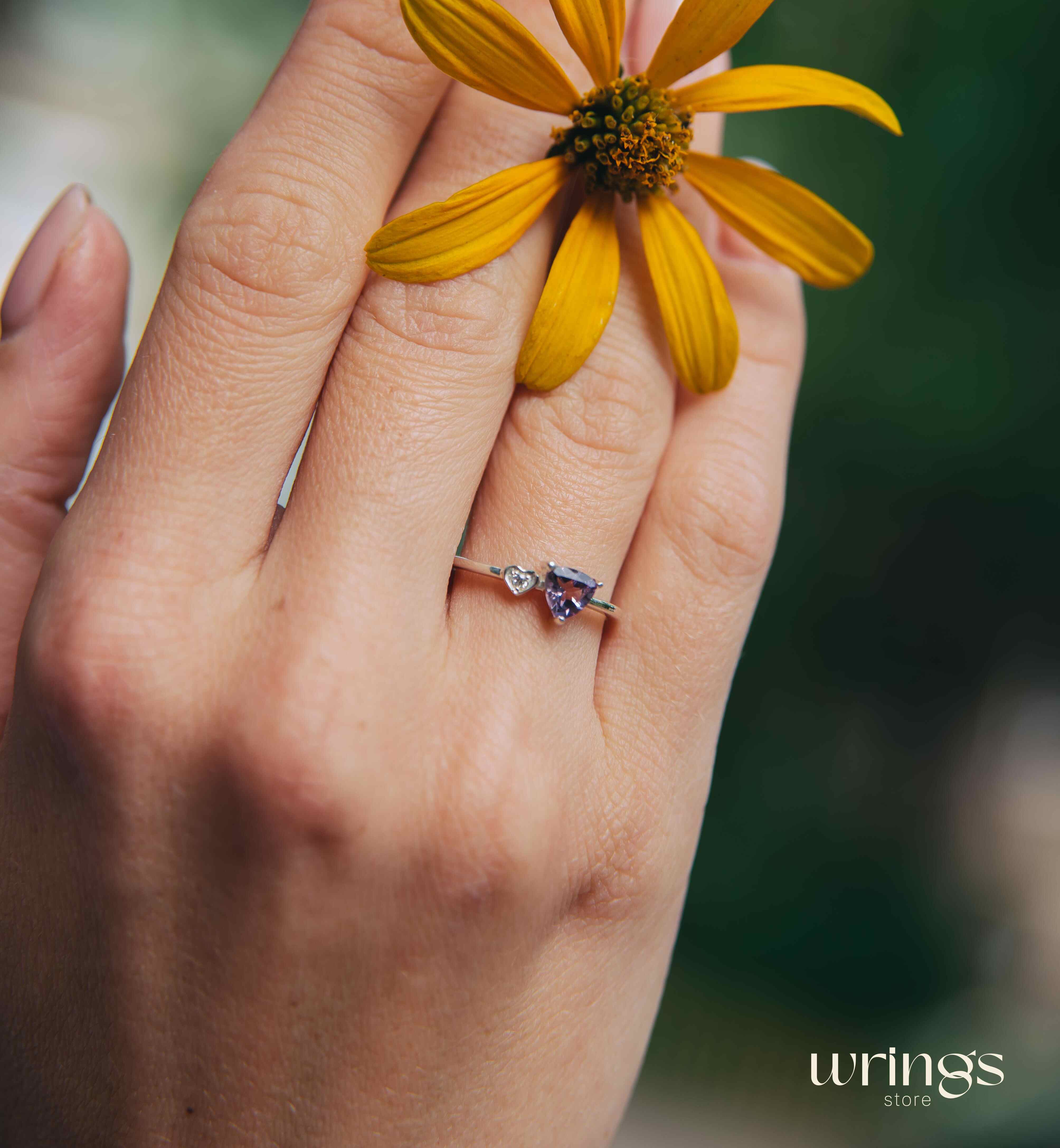 Trilliant Amethyst Silver Ring & White Stone in Side Heart