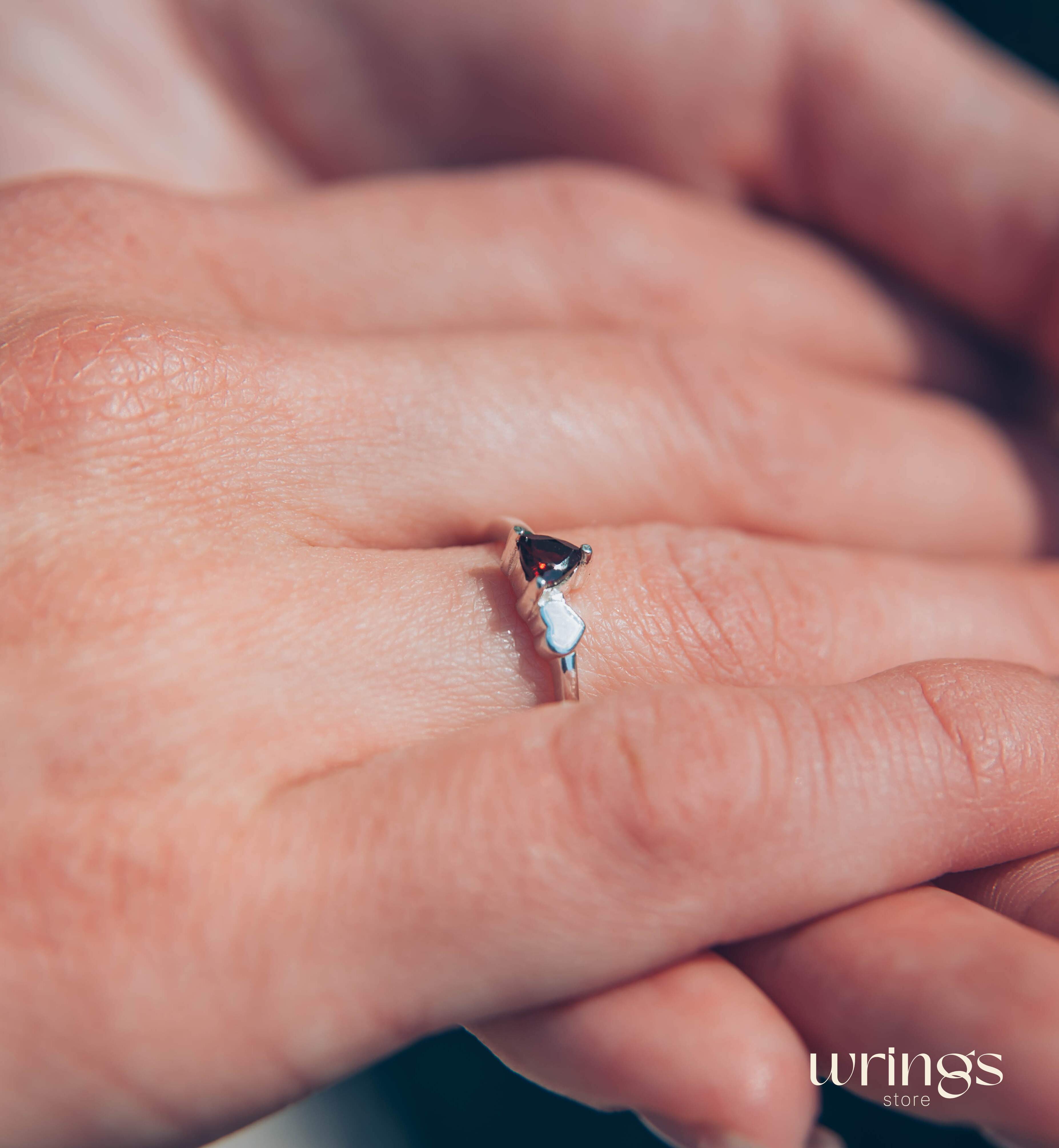 Trillion cut Garnet Silver Ring with Side Heart