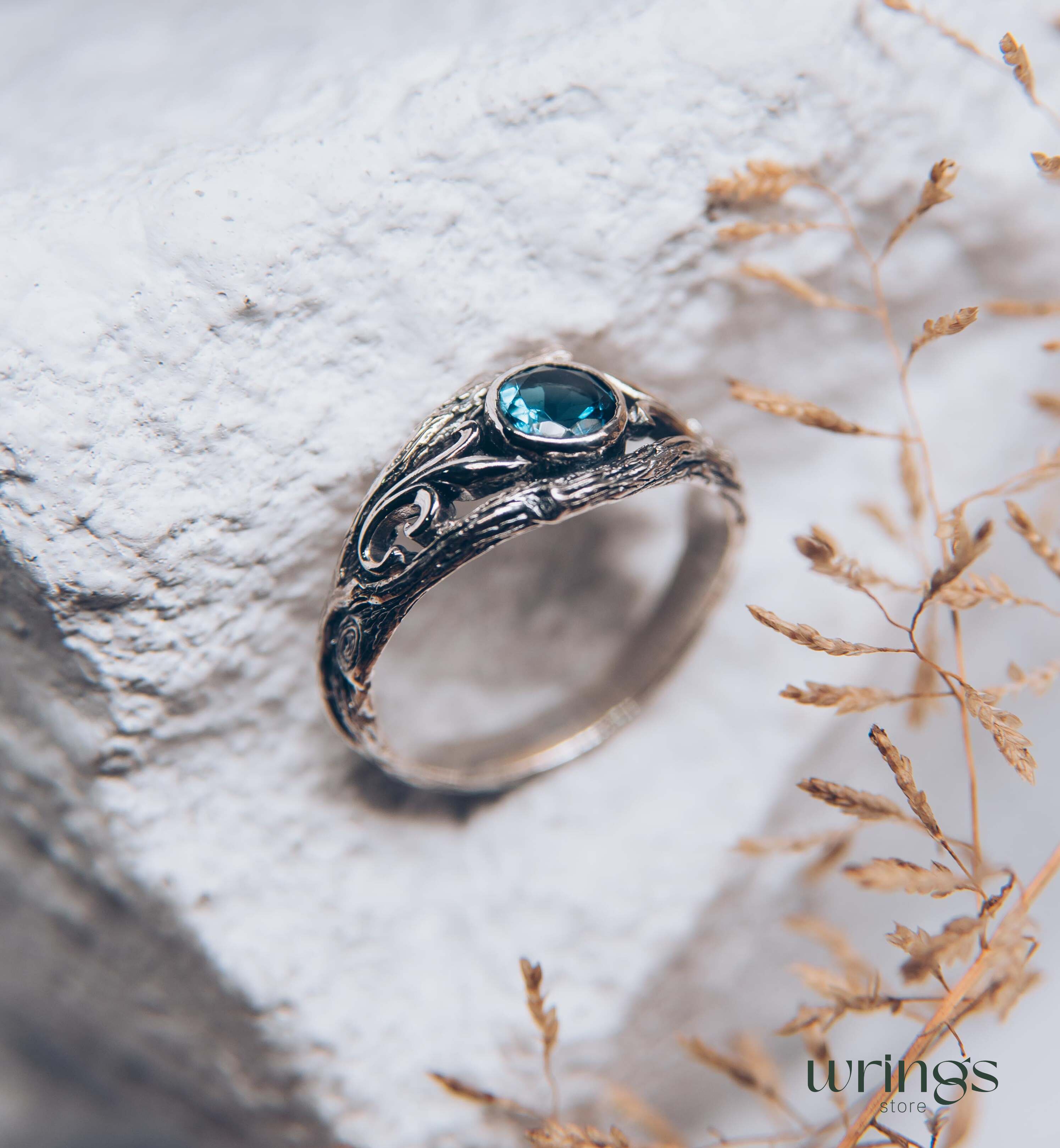 Bezel London blue Topaz with Vine and Branch Engagement Ring