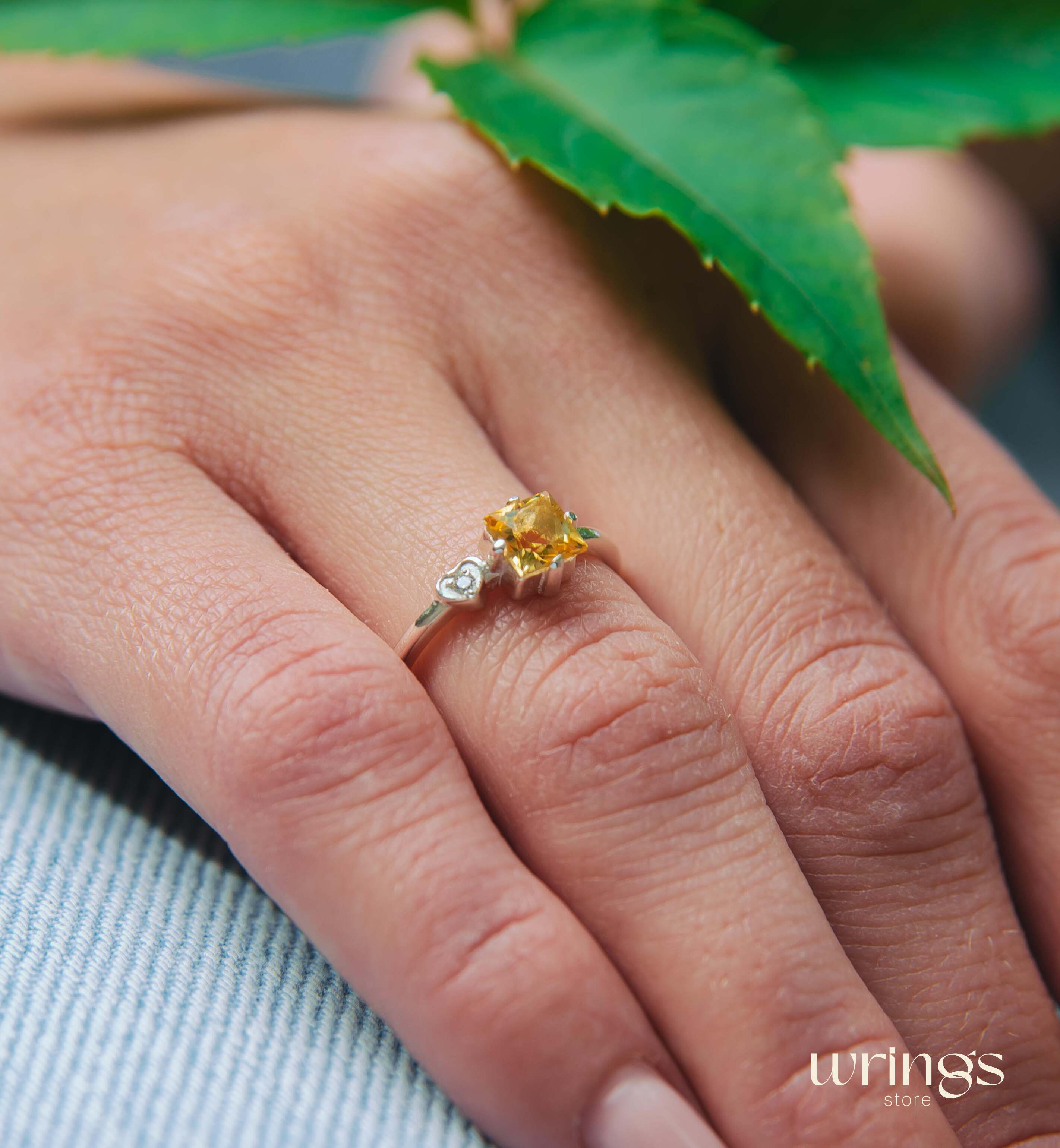 Square Citrine Silver Ring & White Stone in Side Heart