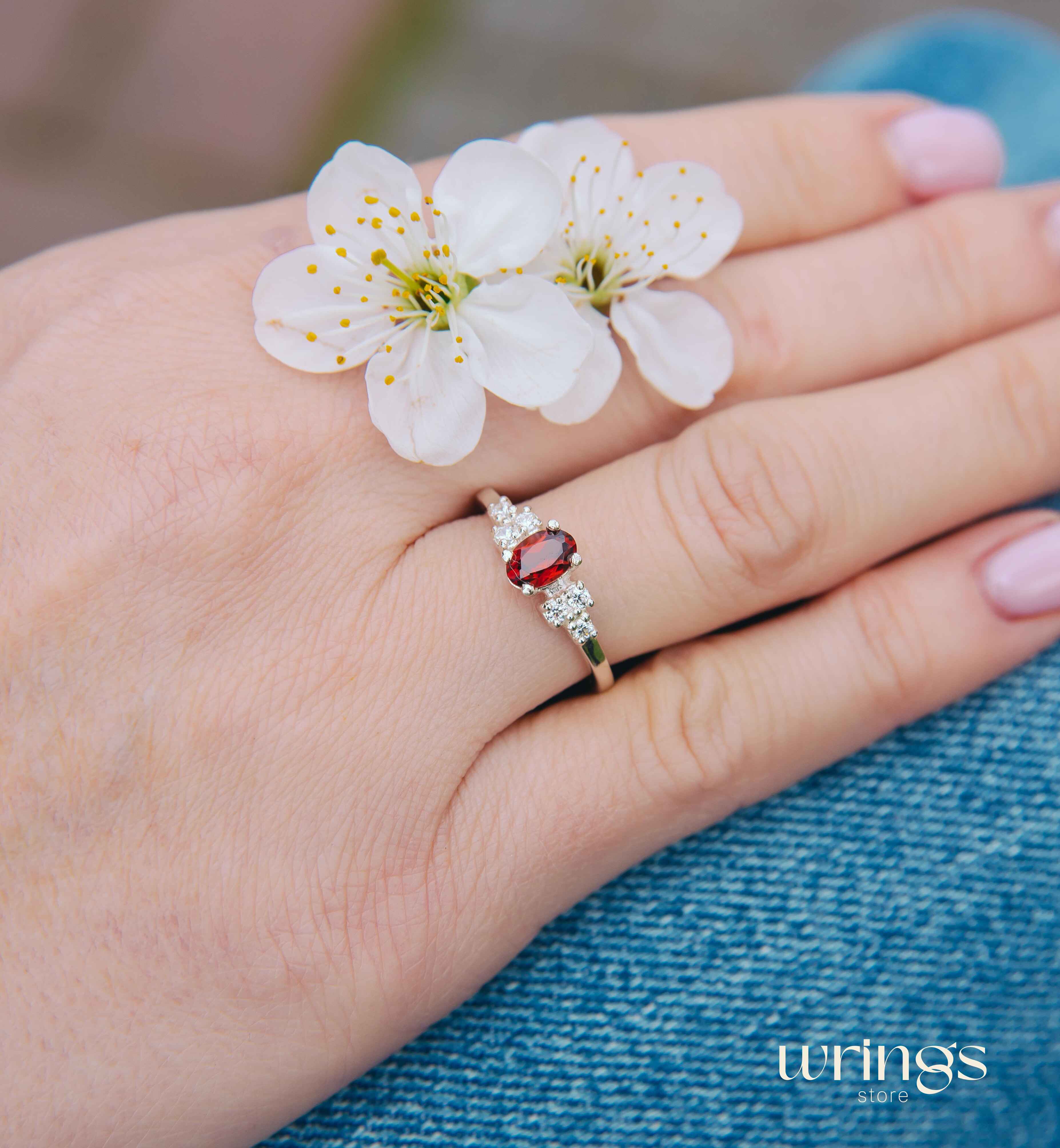 Oval cut Garnet Center Multi Stone Cluster Ring Silver