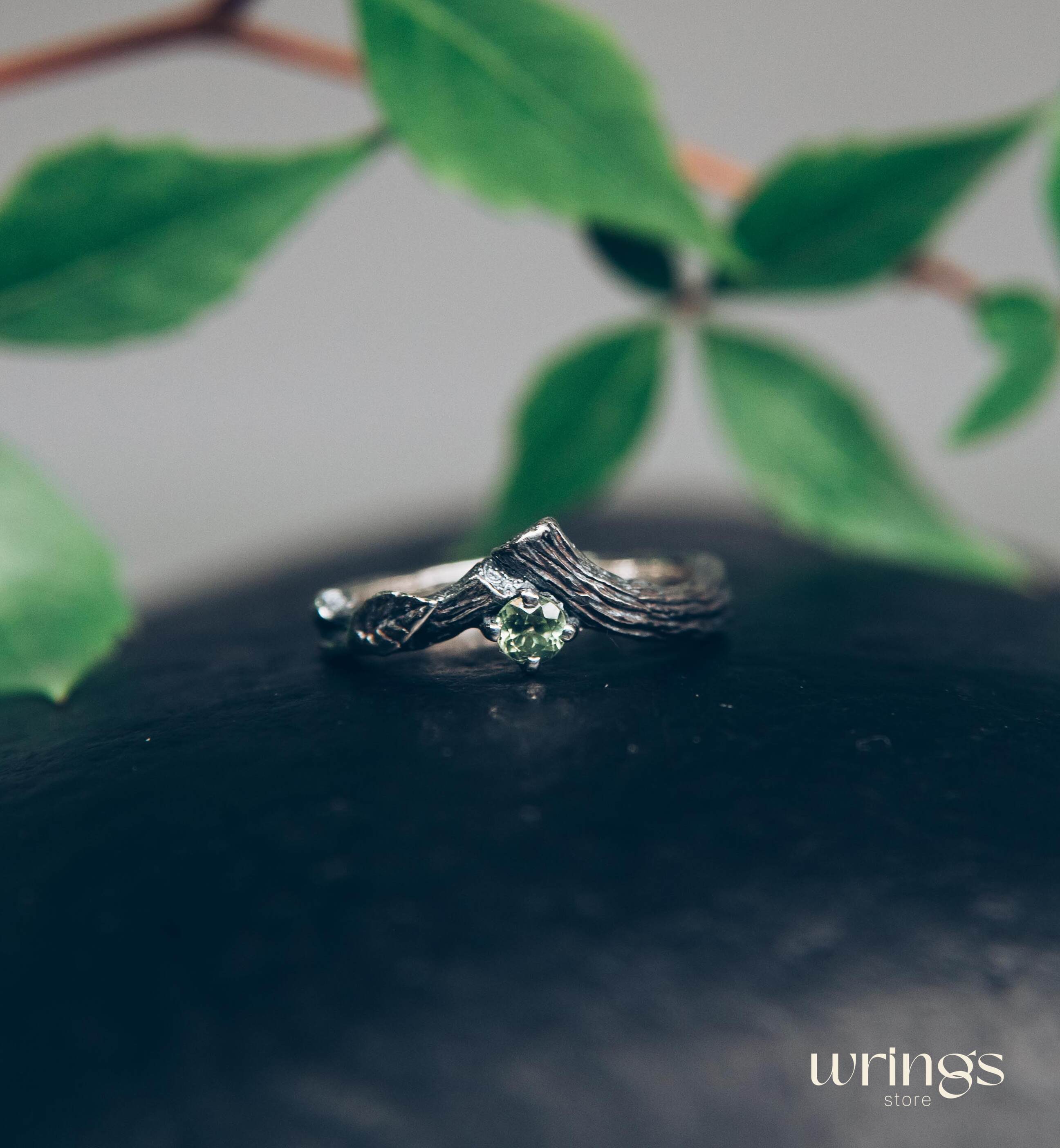 Twig Engagement Ring with Leaves — Peridot Tiny Ring