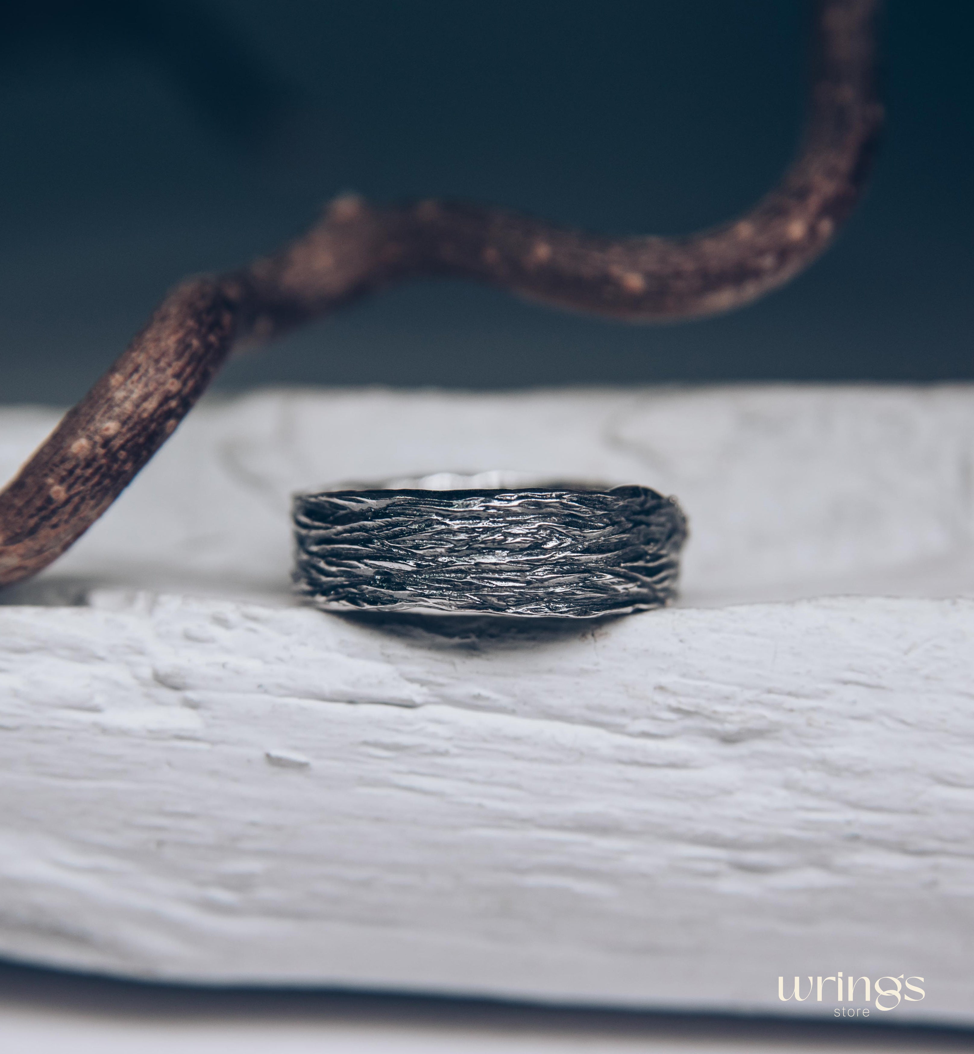 Silver Tree bark Curved Wide Wedding Band with Garnets