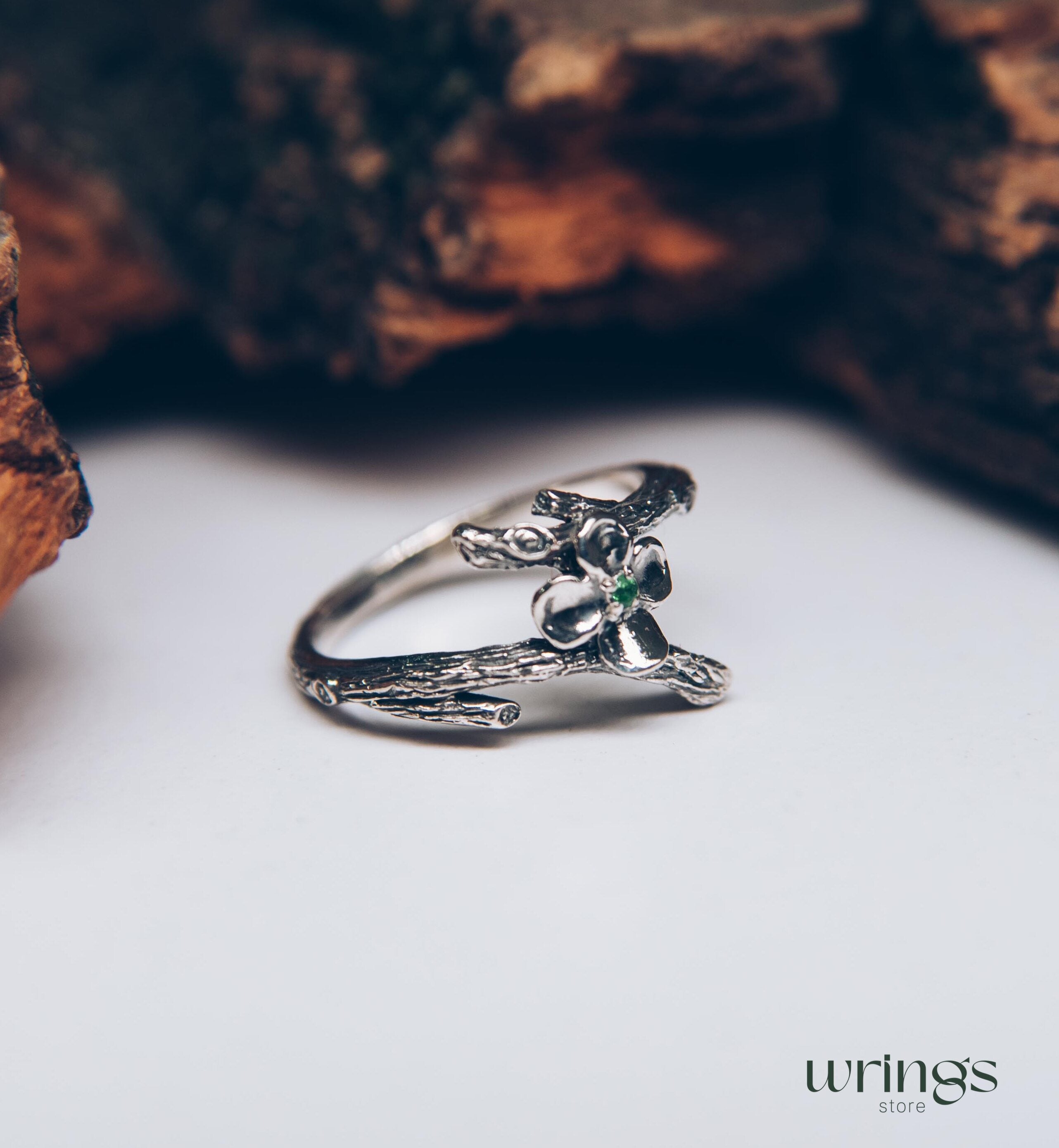 Dainty Quatrefoil flower Ring with Emerald and tiny Branch