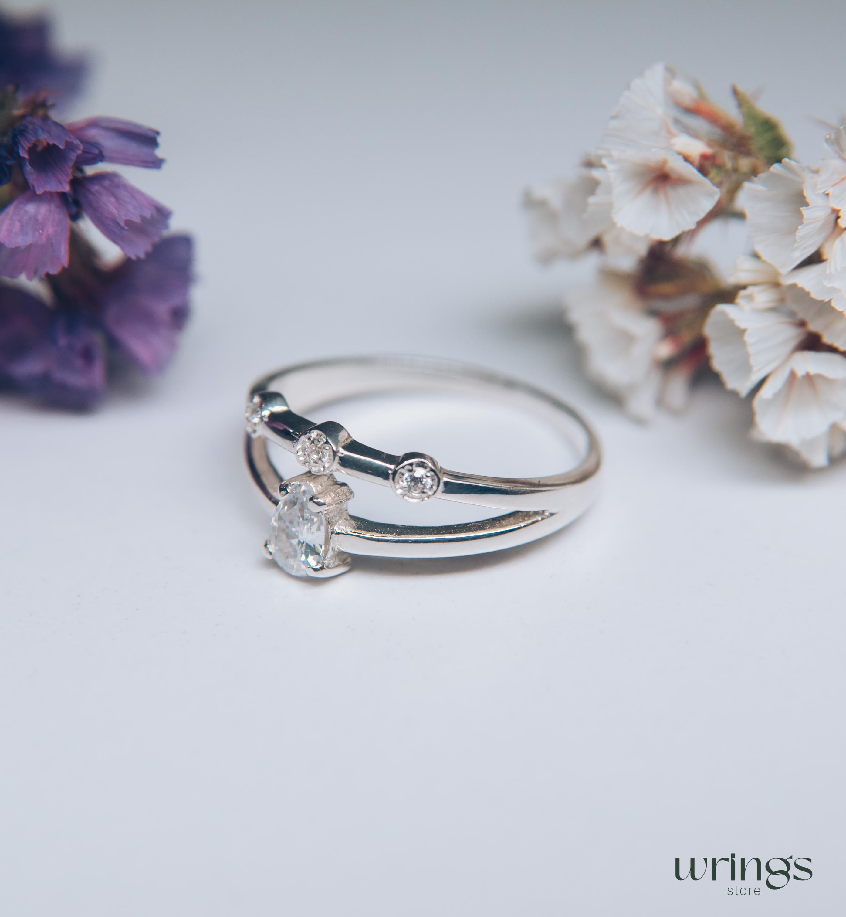 Pear Diamond CZ Double Engagement Ring Band Side Stones