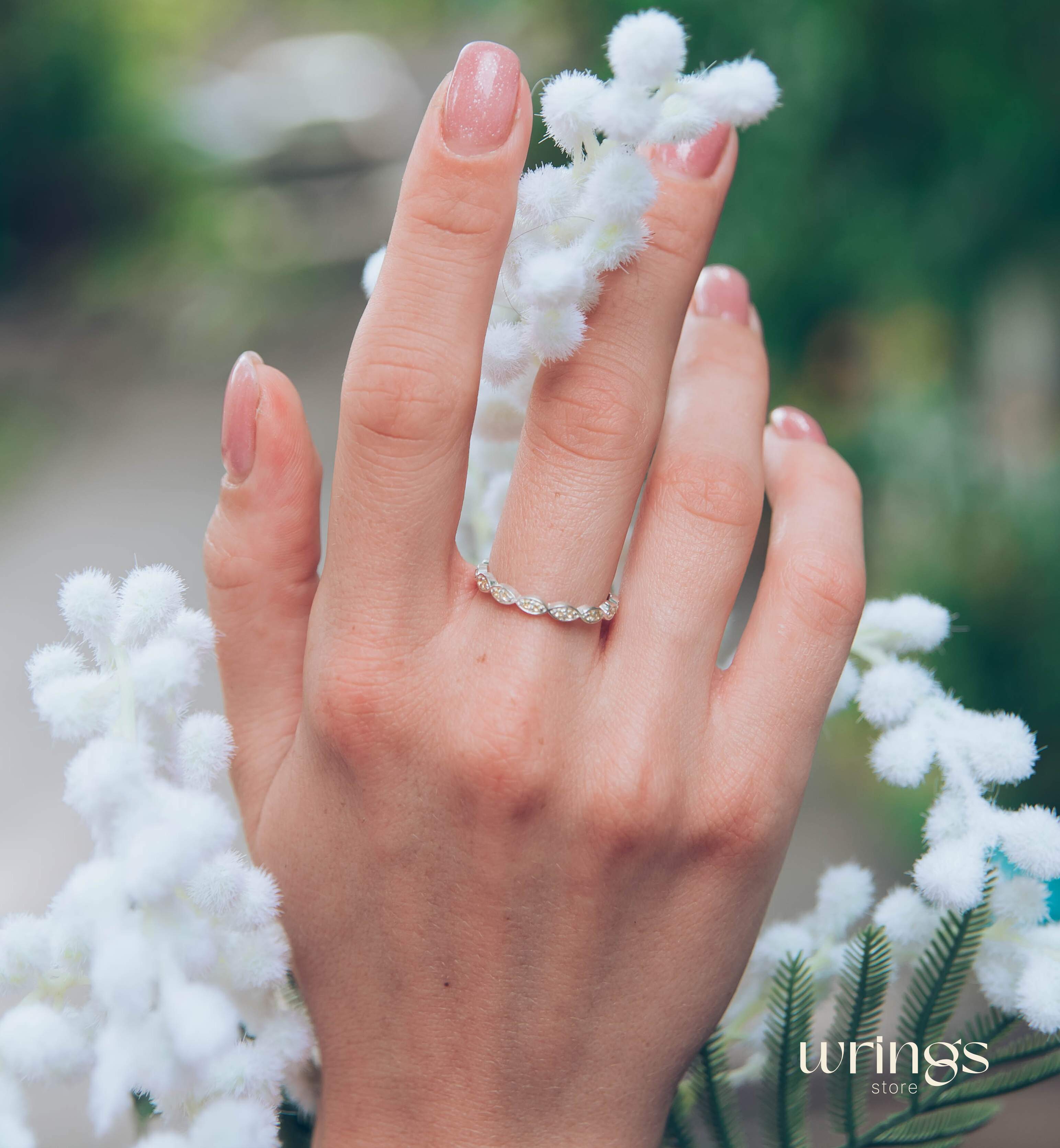 Silver Beaded Band Multiple Yellow Citrine Promise Ring