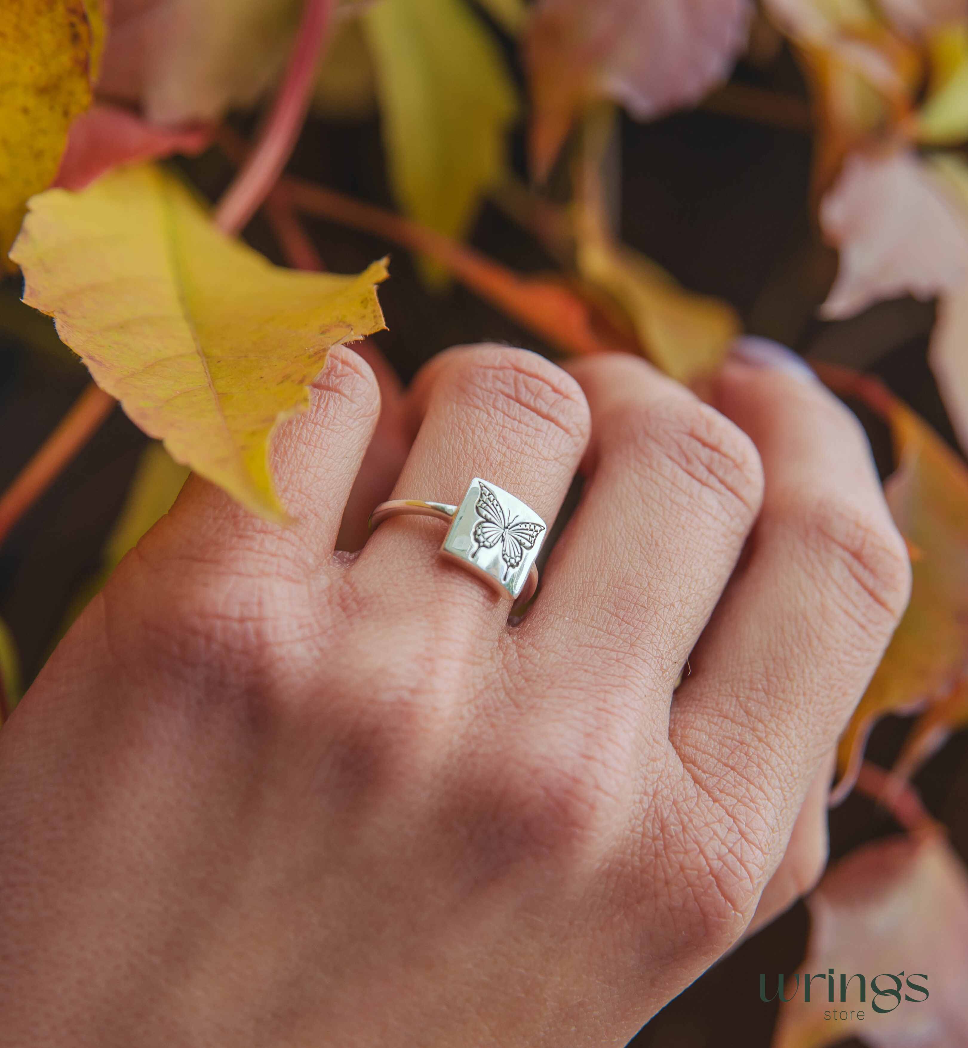 Engraved Monarch Butterfly Silver Square Signet Ring