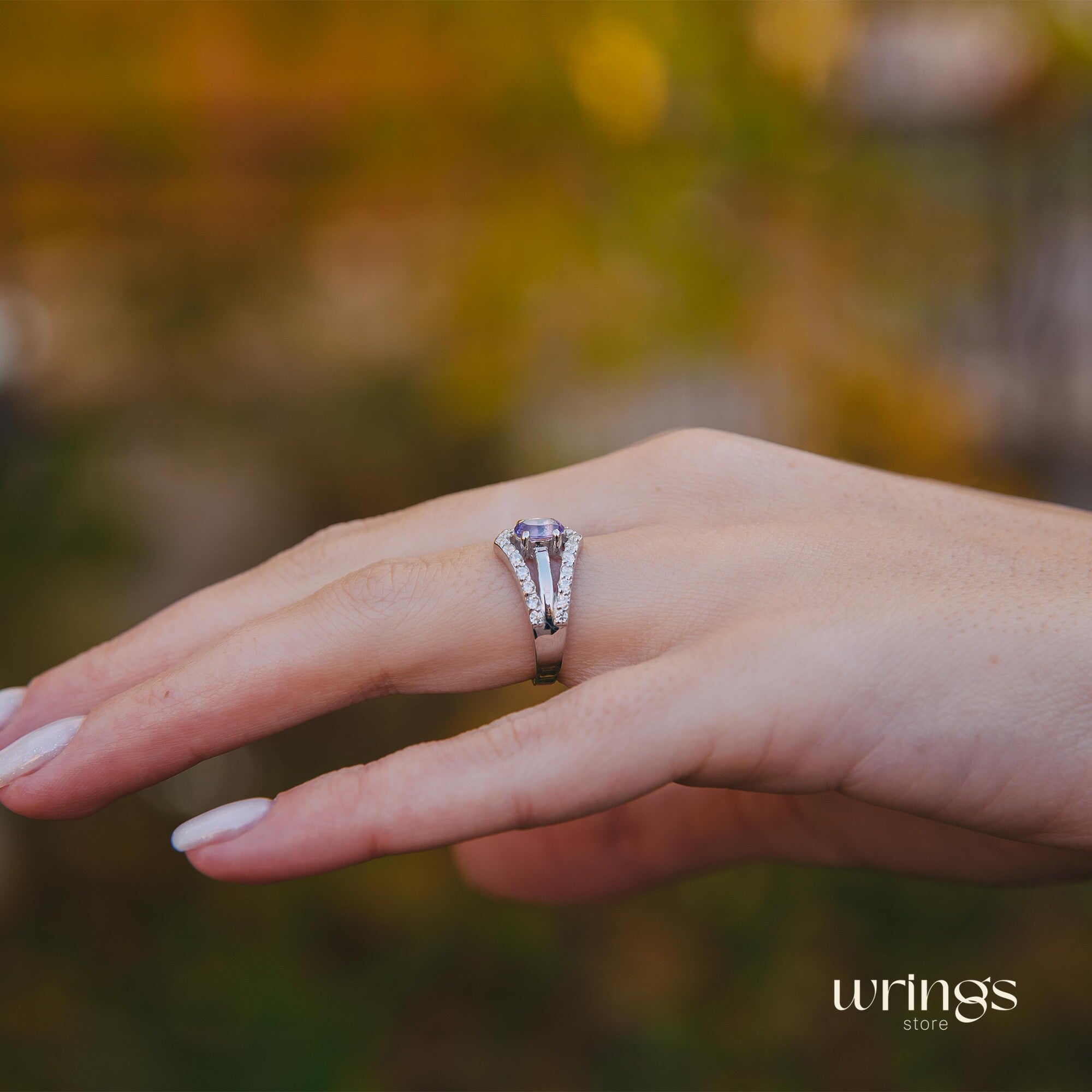 Vertical Oval Amethyst & CZ Double V Engagement Ring