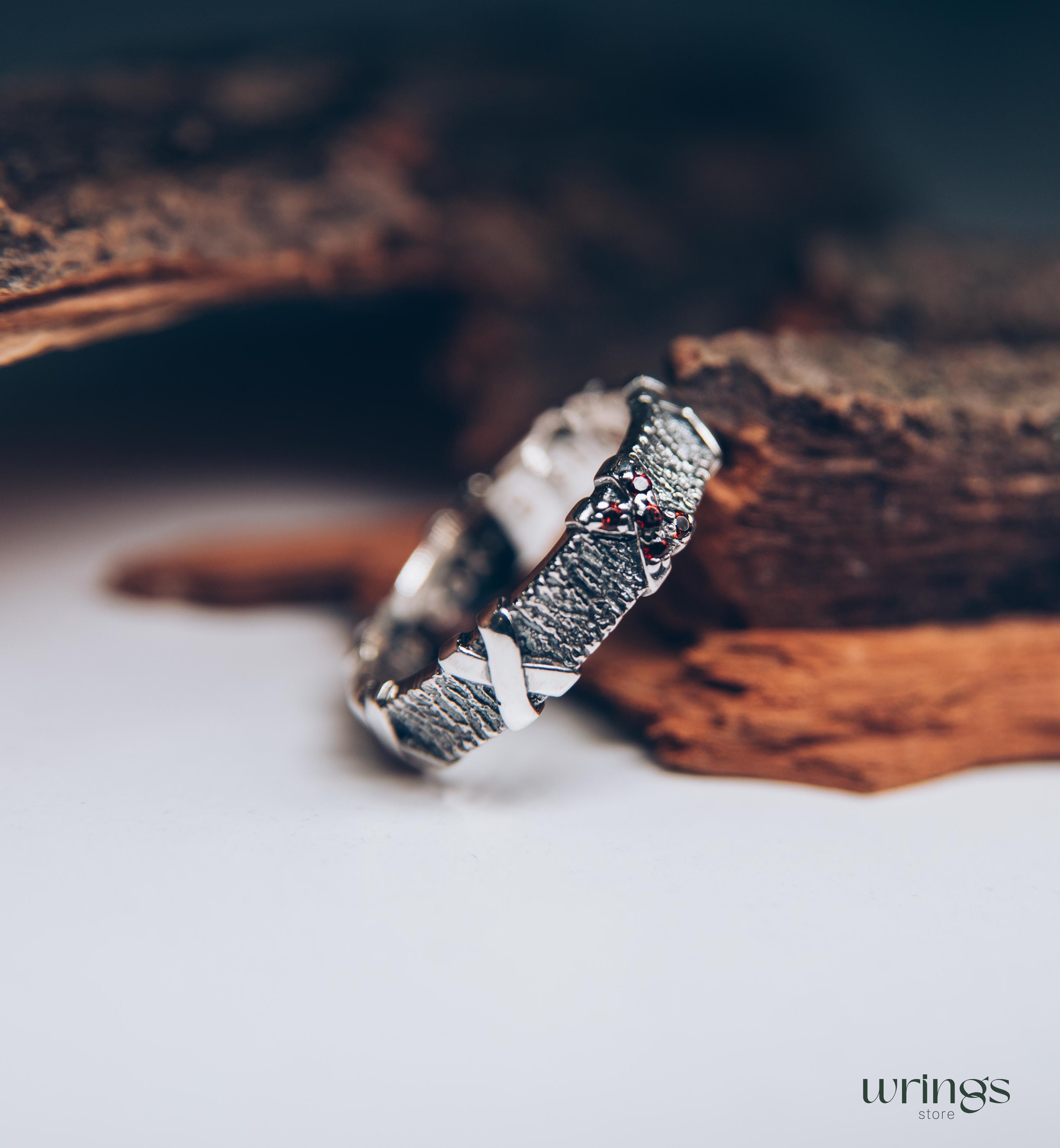 Silver Tree bark with cross Garnets Ring for Men and Women