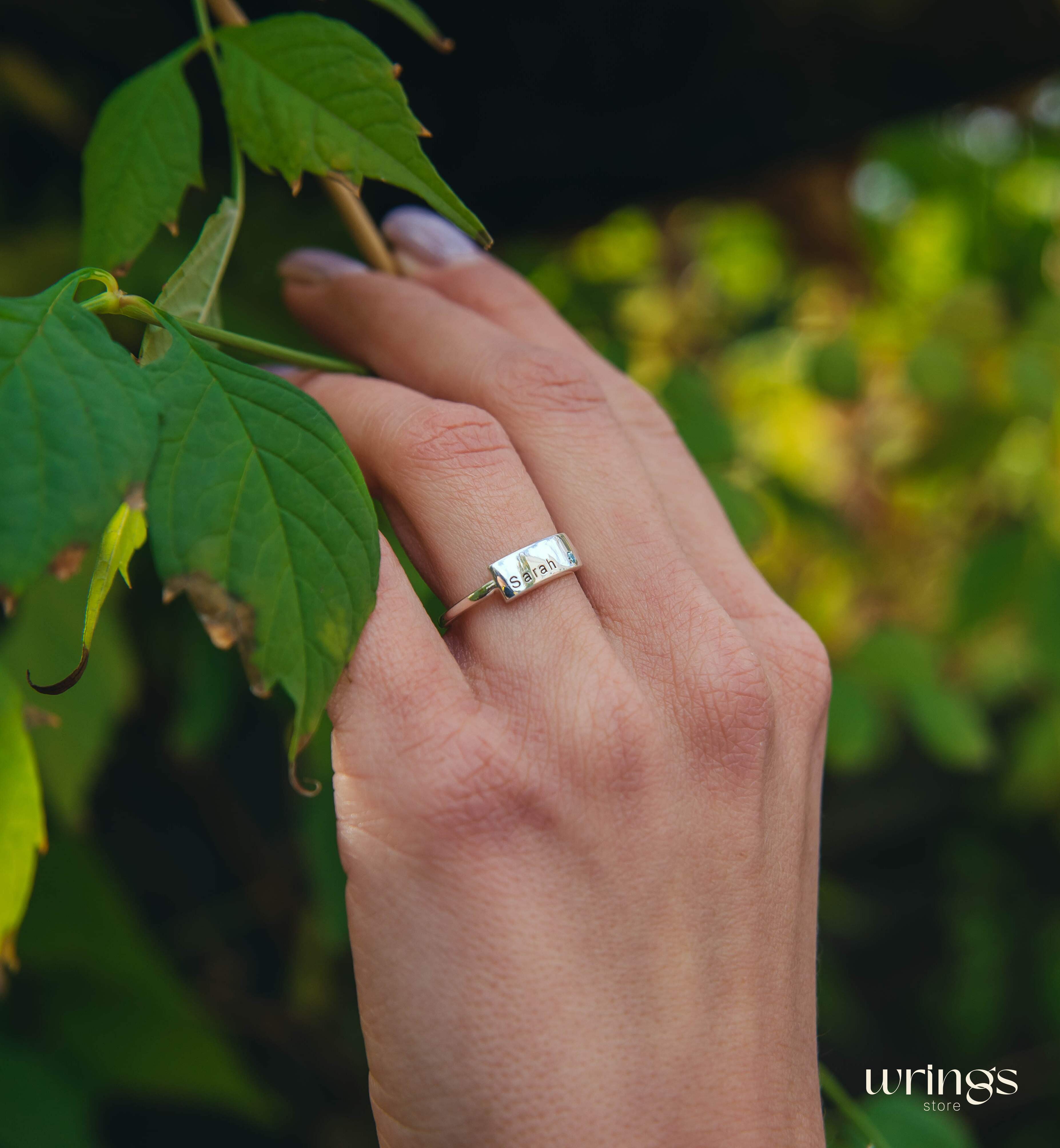 Personalized Silver Name Ring "Sarah" - Topaz & Flat Band