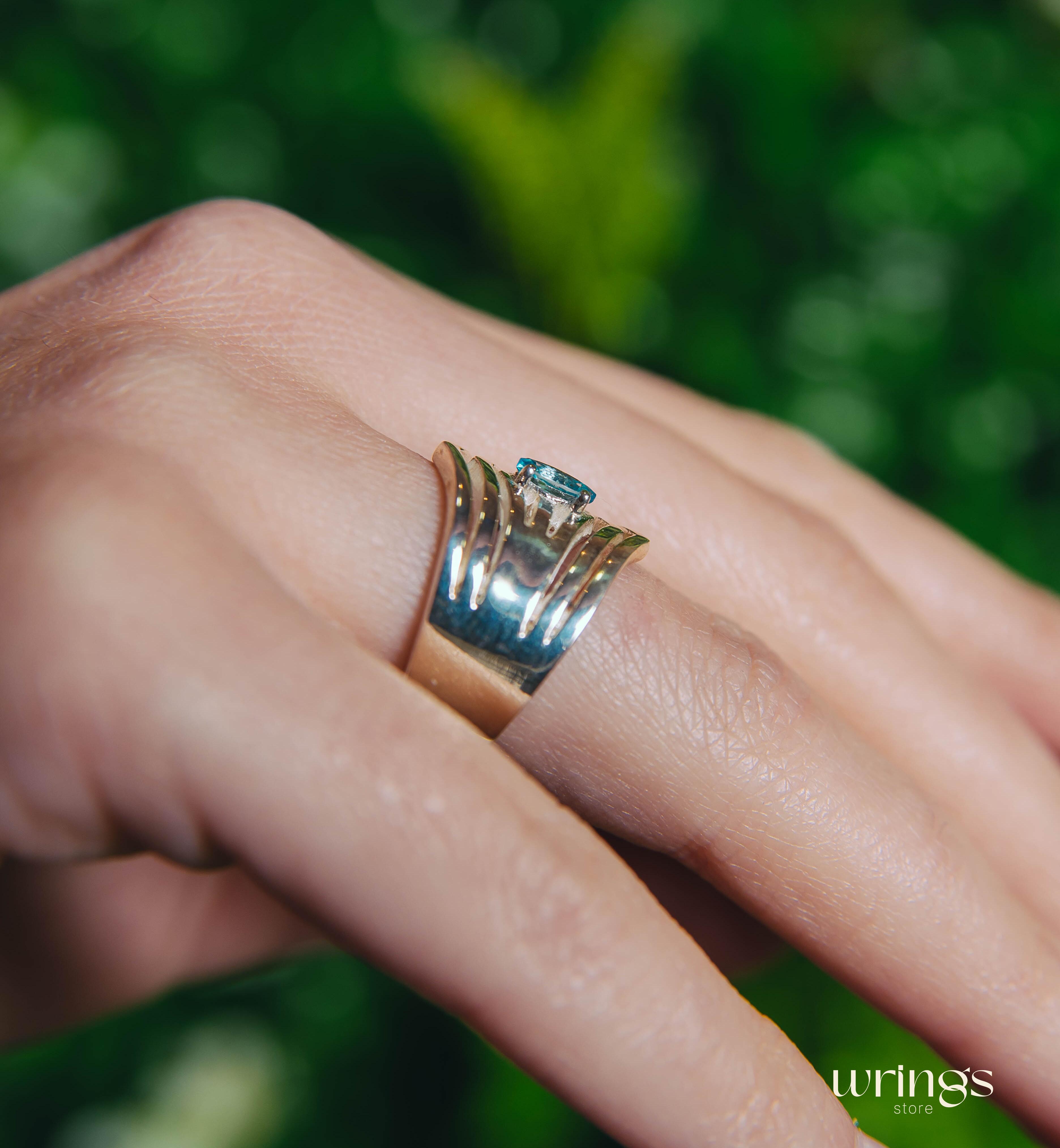 Extra Wide Cocktail Ring Dome Double Chevron with Topaz