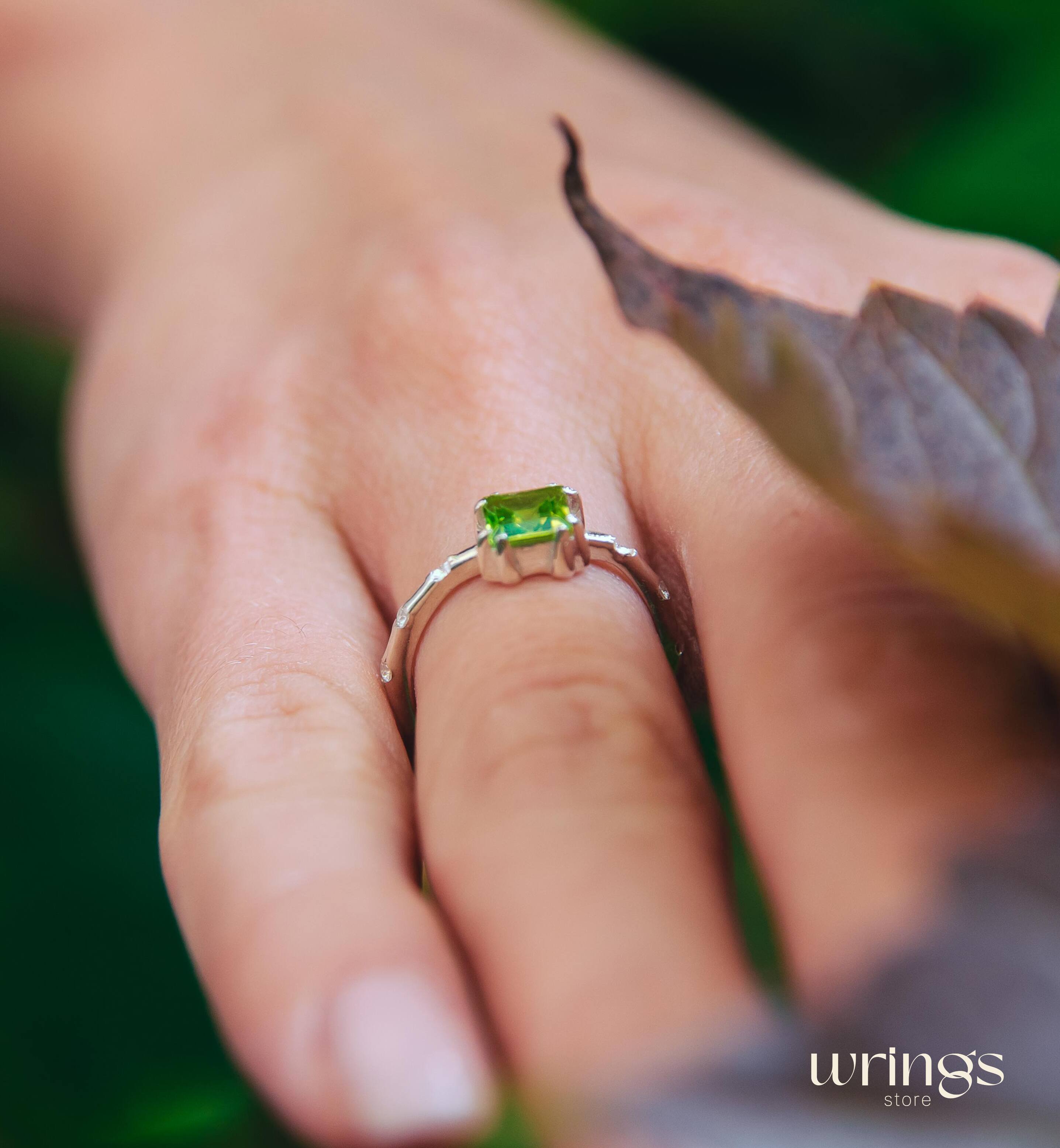 Central Square Peridot Side Stone Engagement Ring Silver