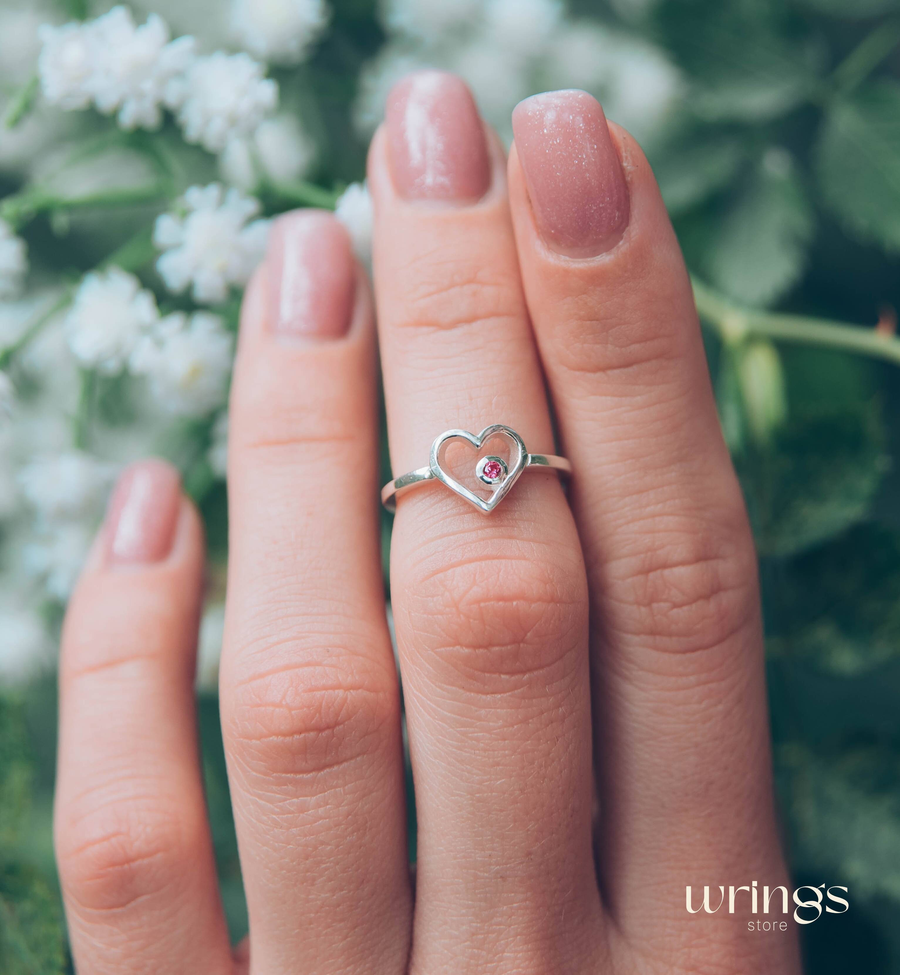 Silver Open Heart with Ruby Promise Ring for Her