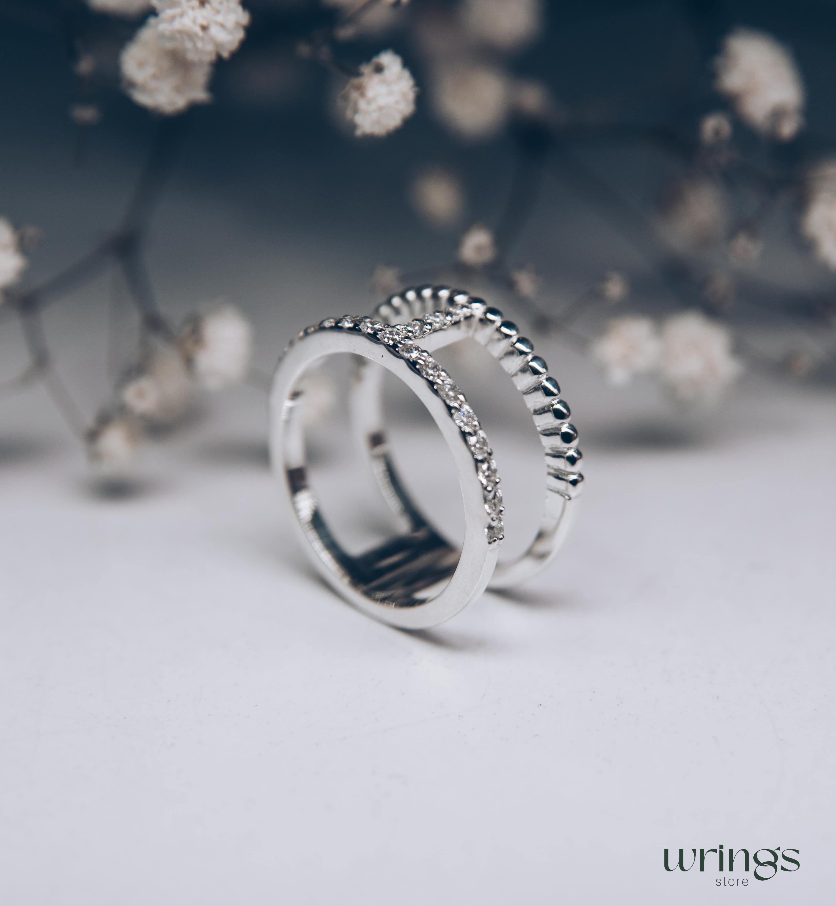 Double Band Statement Ring Diamonds and Beaded Style