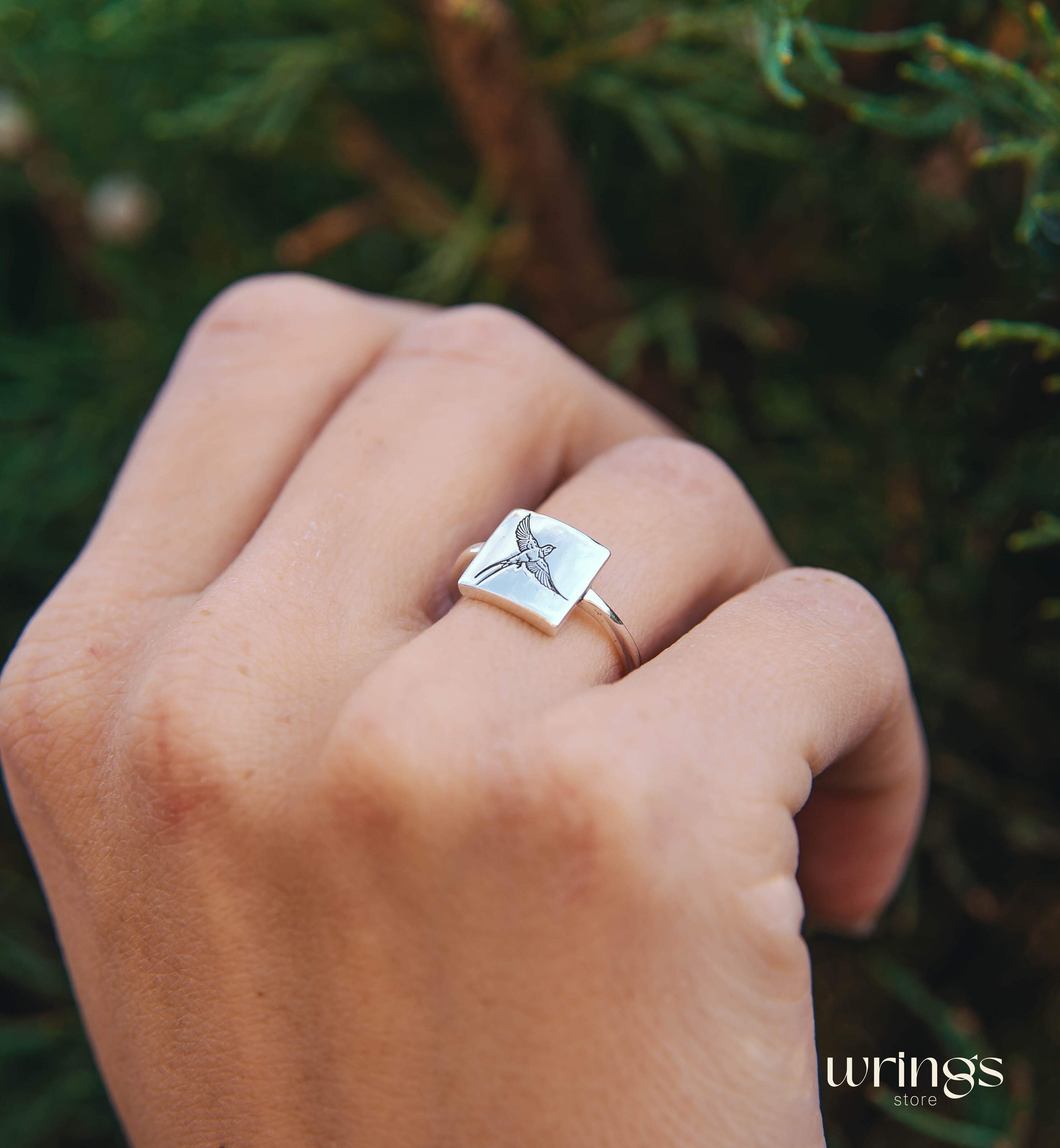 Engraved Swallow Bird Square Silver Signet Ring Womens