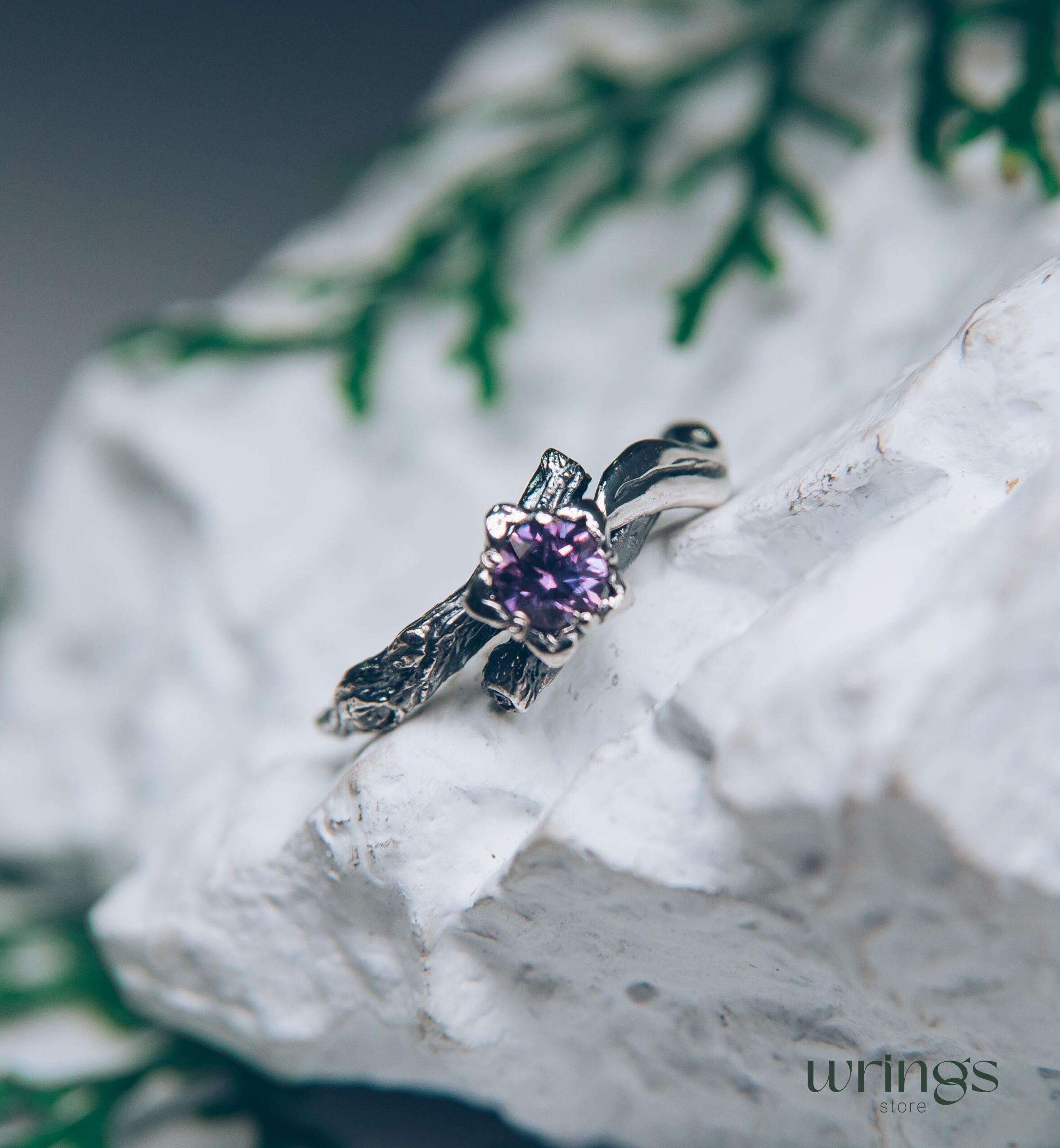 Lilac Amethyst Flower on a Silver dainty Twig Ring for Her