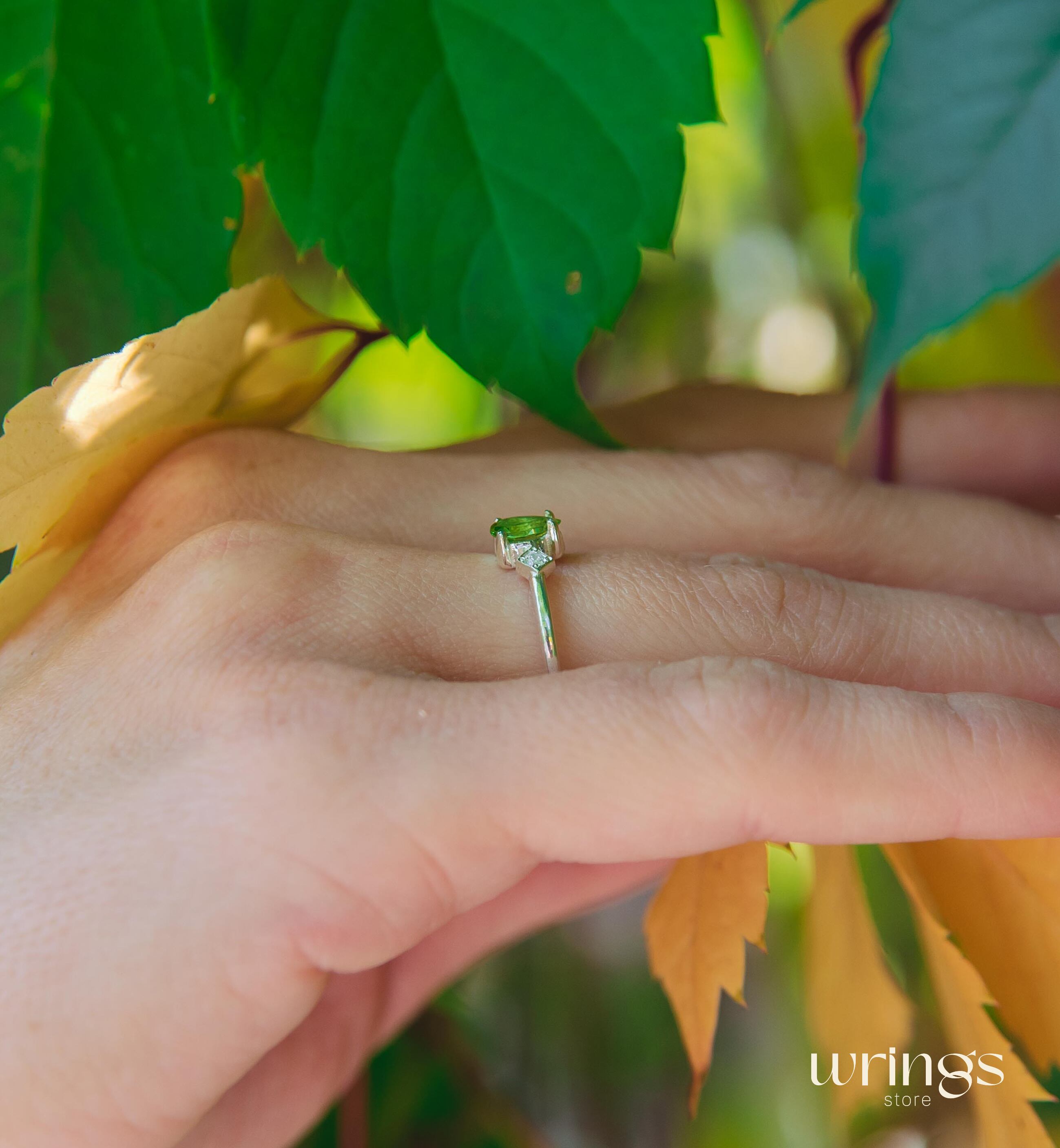 Pear Peridot Engagement Ring Silver Side White Stone CZ