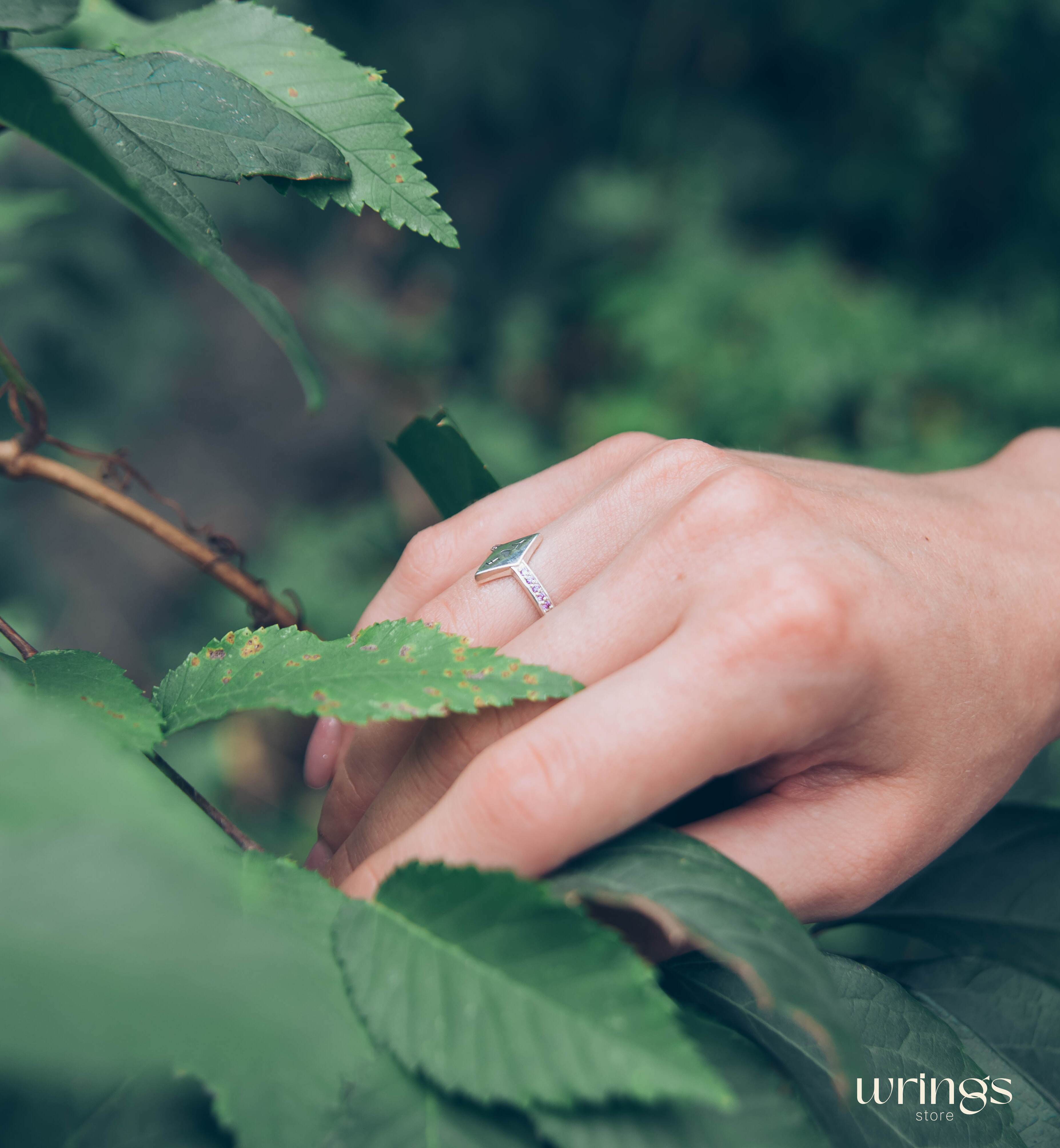 Personalized Promise Ring - Rhombus Head, Amethysts & Letters