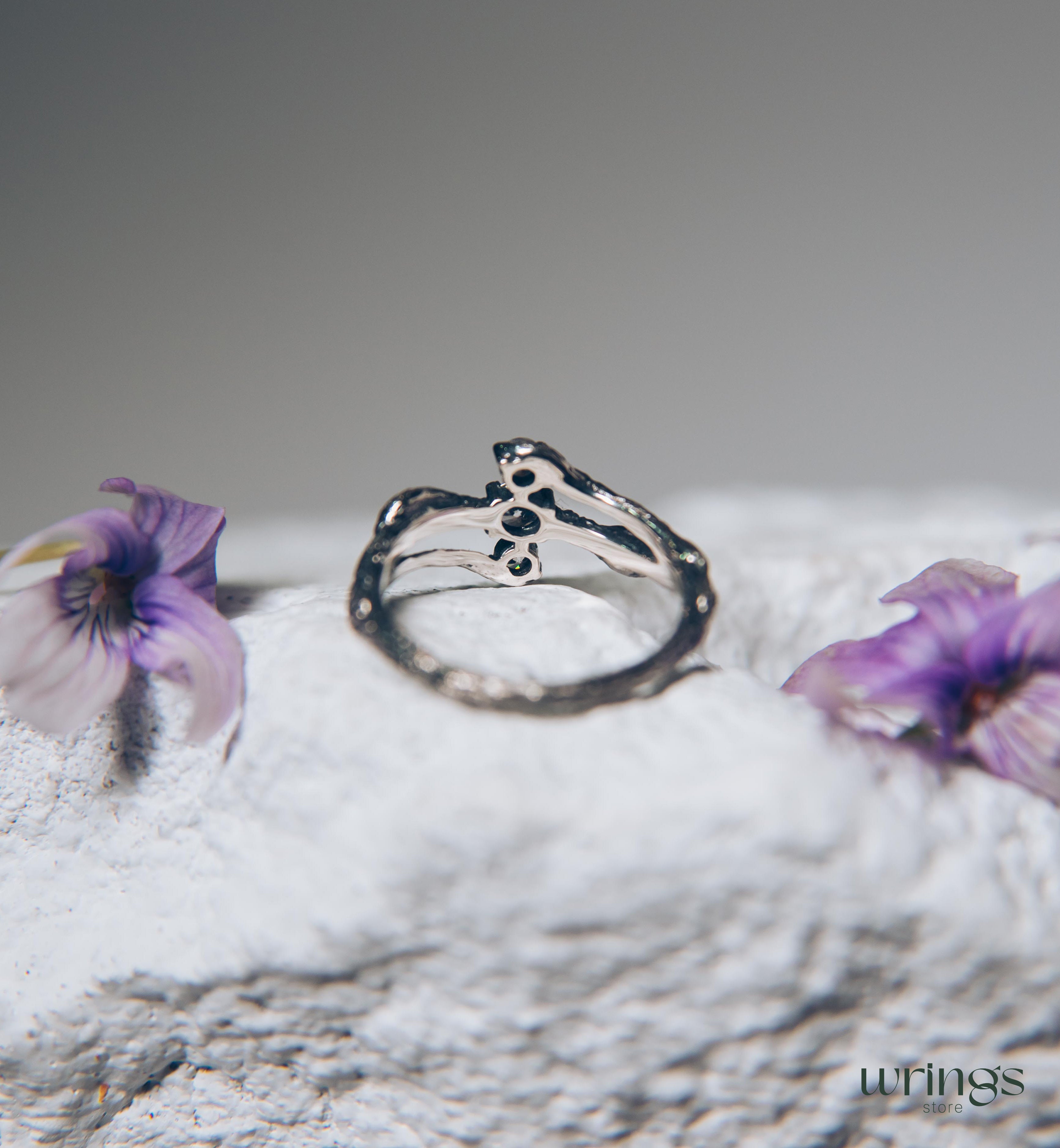 Three Stones on a Three Silver Twigs Cute Engagement Ring
