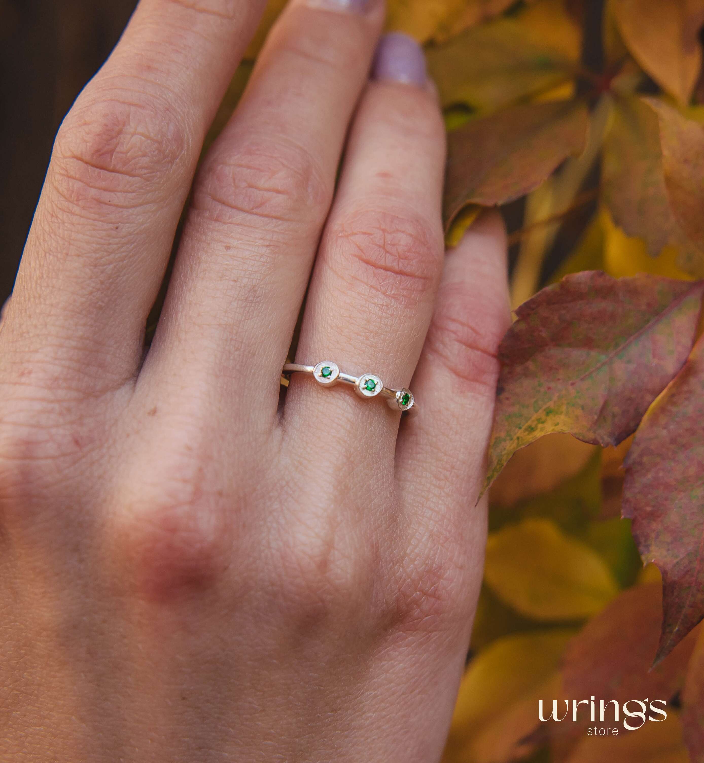 Dainty Emeralds in 3 Small Dots Silver Stackable Ring