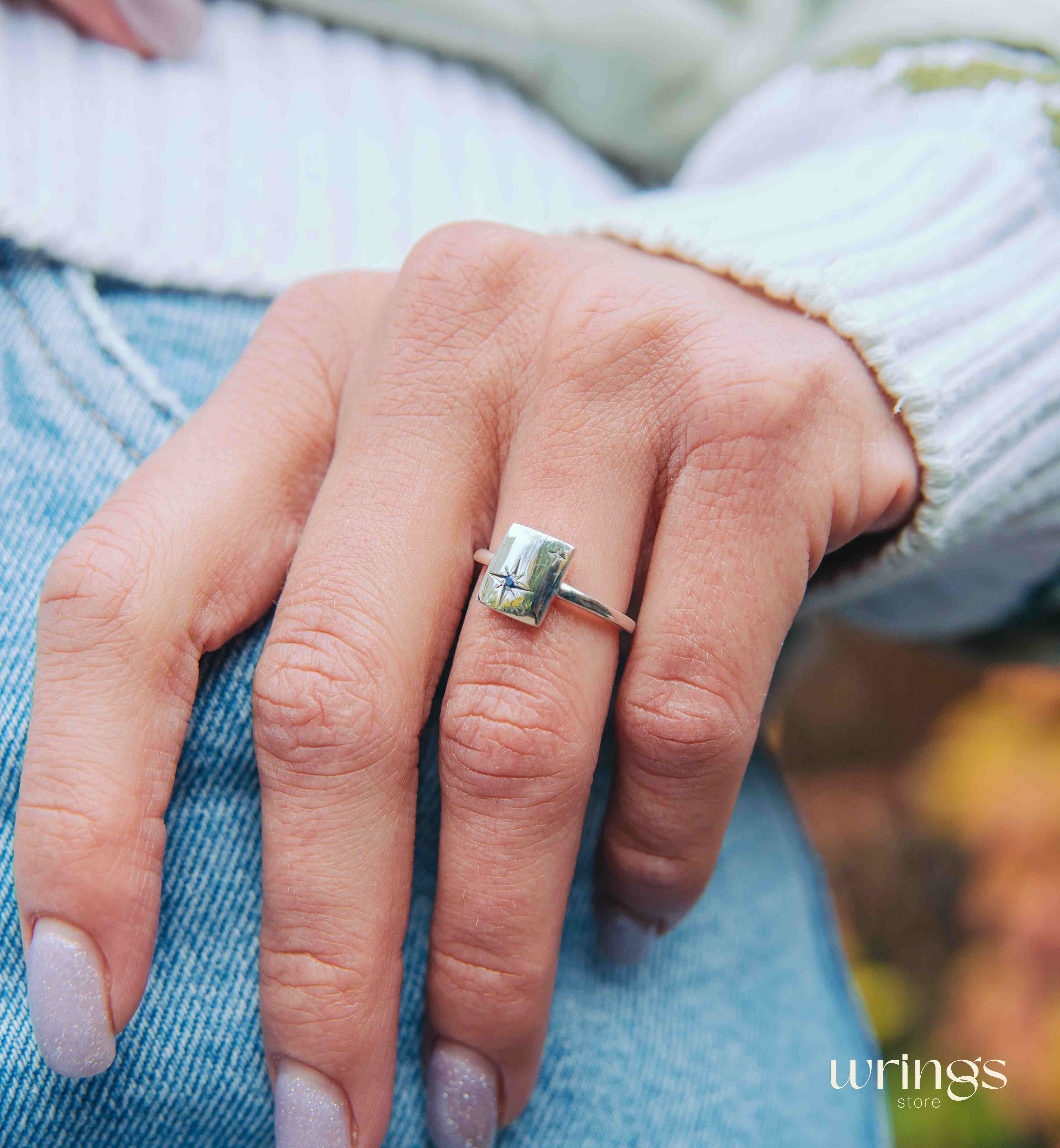 Engraved Stars Silver Signet Ring Sapphire and Thin Band