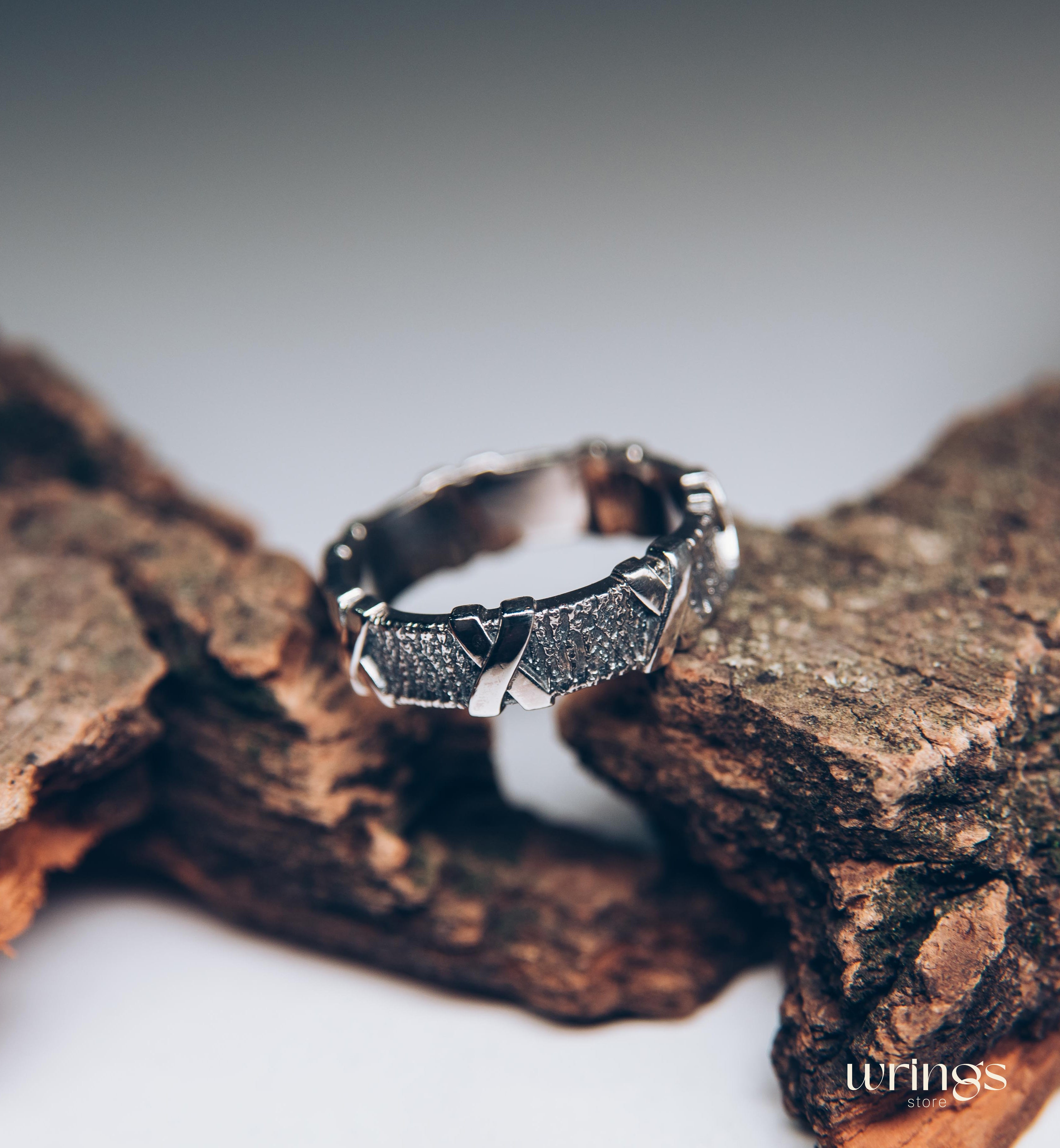 Cross and Tree bark Men's durable Ring — Wild Nature Wedding Band